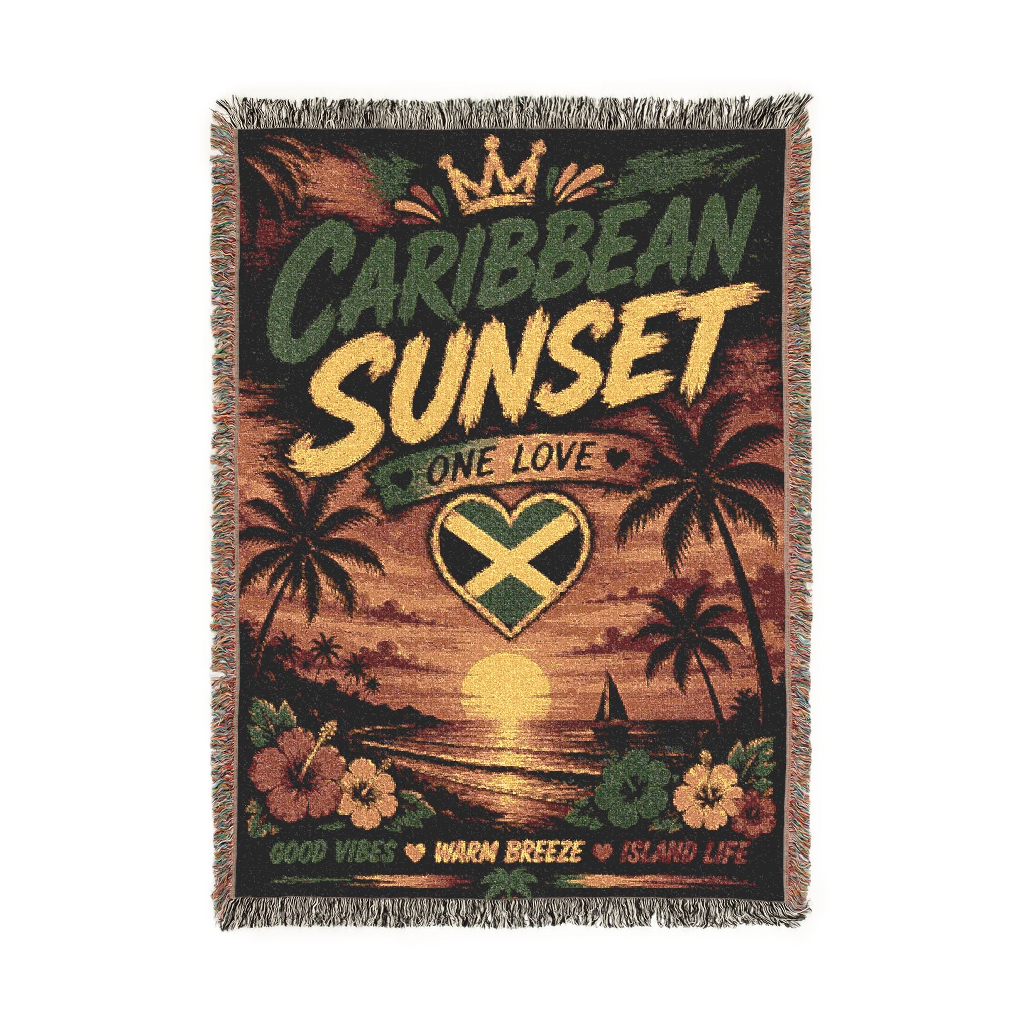 Caribbean Sunset One Love woven blanket featuring a tropical beach sunset, palm trees, Jamaican heart flag, hibiscus flowers, and vibrant island-inspired artwork.