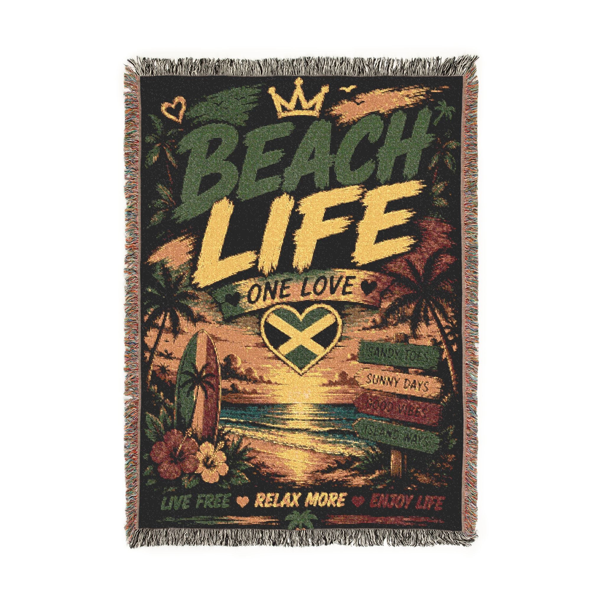 Beach Life One Love woven blanket featuring a tropical beach sunset, surfboard, palm trees, Jamaican heart flag, colorful hibiscus flowers, and Caribbean-inspired artwork.