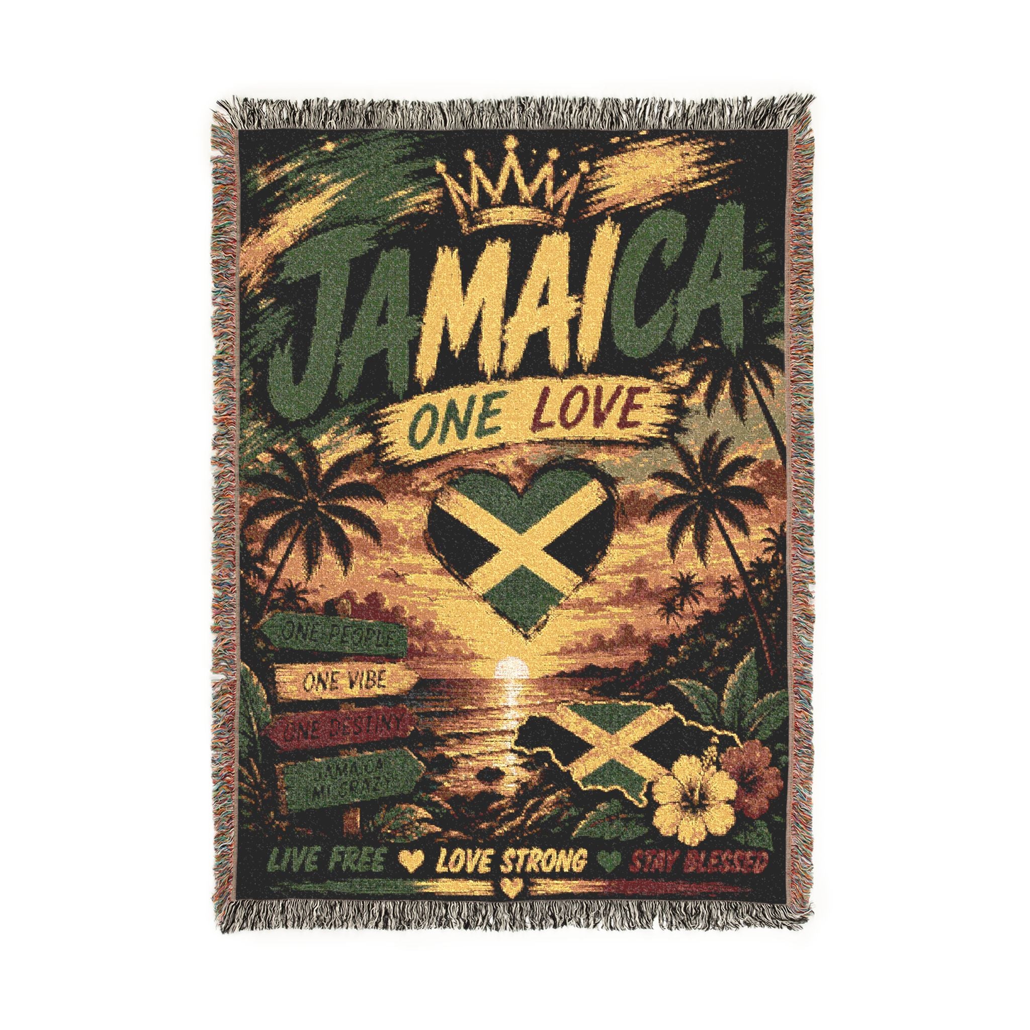 Jamaica One Love Live Free Woven Blanket | Caribbean Throw | Reggae Home Décor