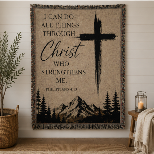 52 x 37 Inspirational Christian Woven Blanket – "I Can Do All Things Through Christ" Cross Throw