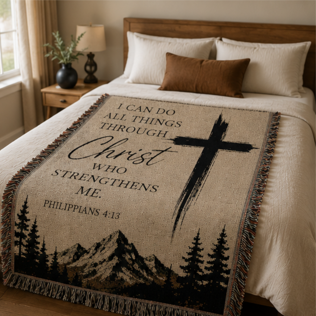 52 x 37 Inspirational Christian Woven Blanket – "I Can Do All Things Through Christ" Cross Throw