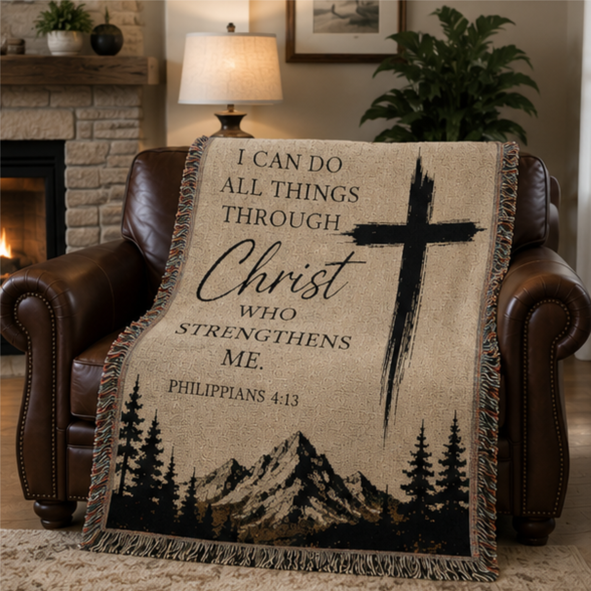 52 x 37 Inspirational Christian Woven Blanket – "I Can Do All Things Through Christ" Cross Throw