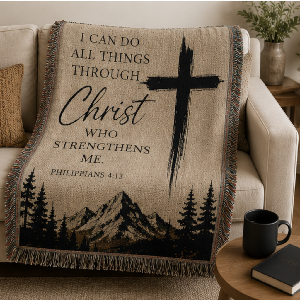 52 x 37 Inspirational Christian Woven Blanket – "I Can Do All Things Through Christ" Cross Throw