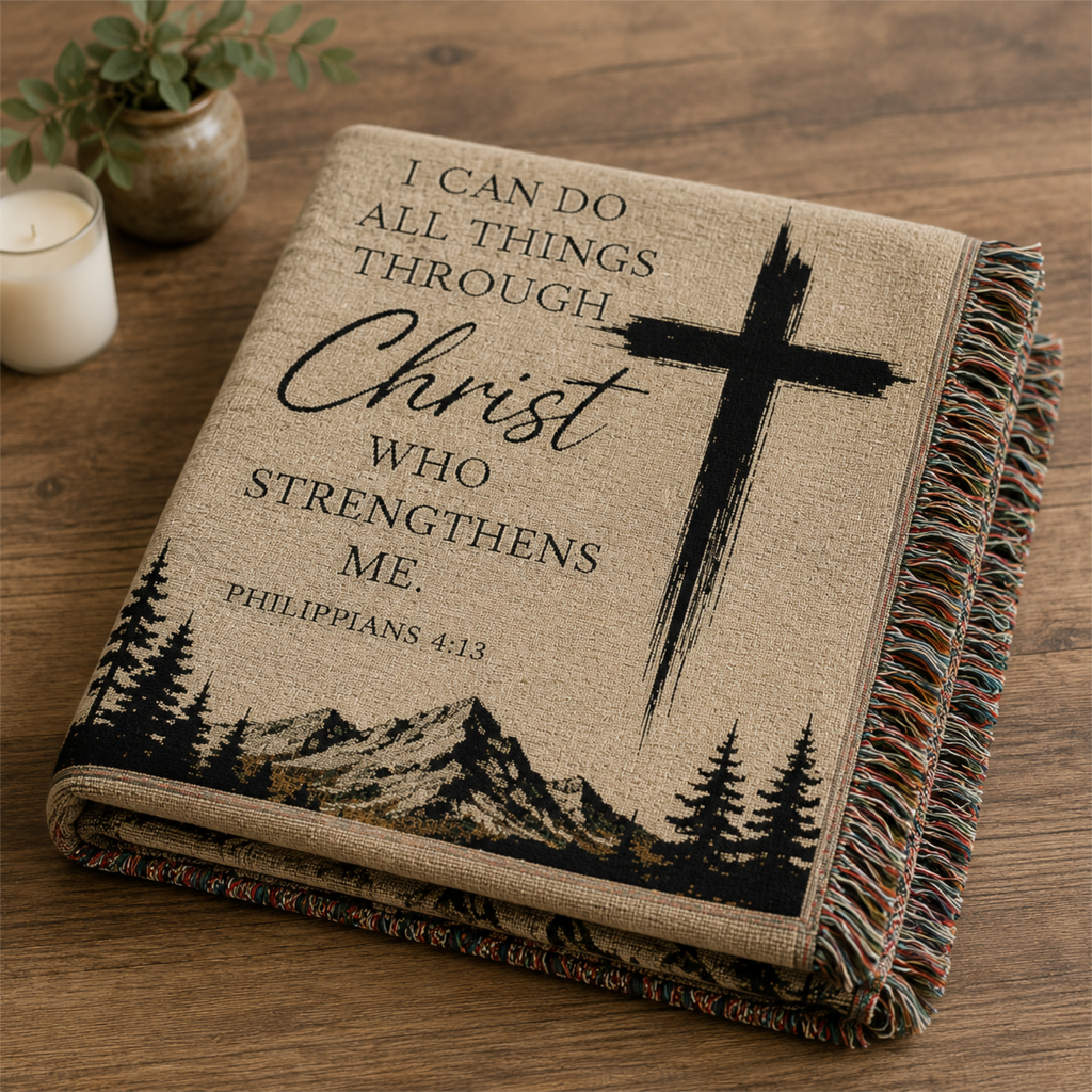 52 x 37 Inspirational Christian Woven Blanket – "I Can Do All Things Through Christ" Cross Throw
