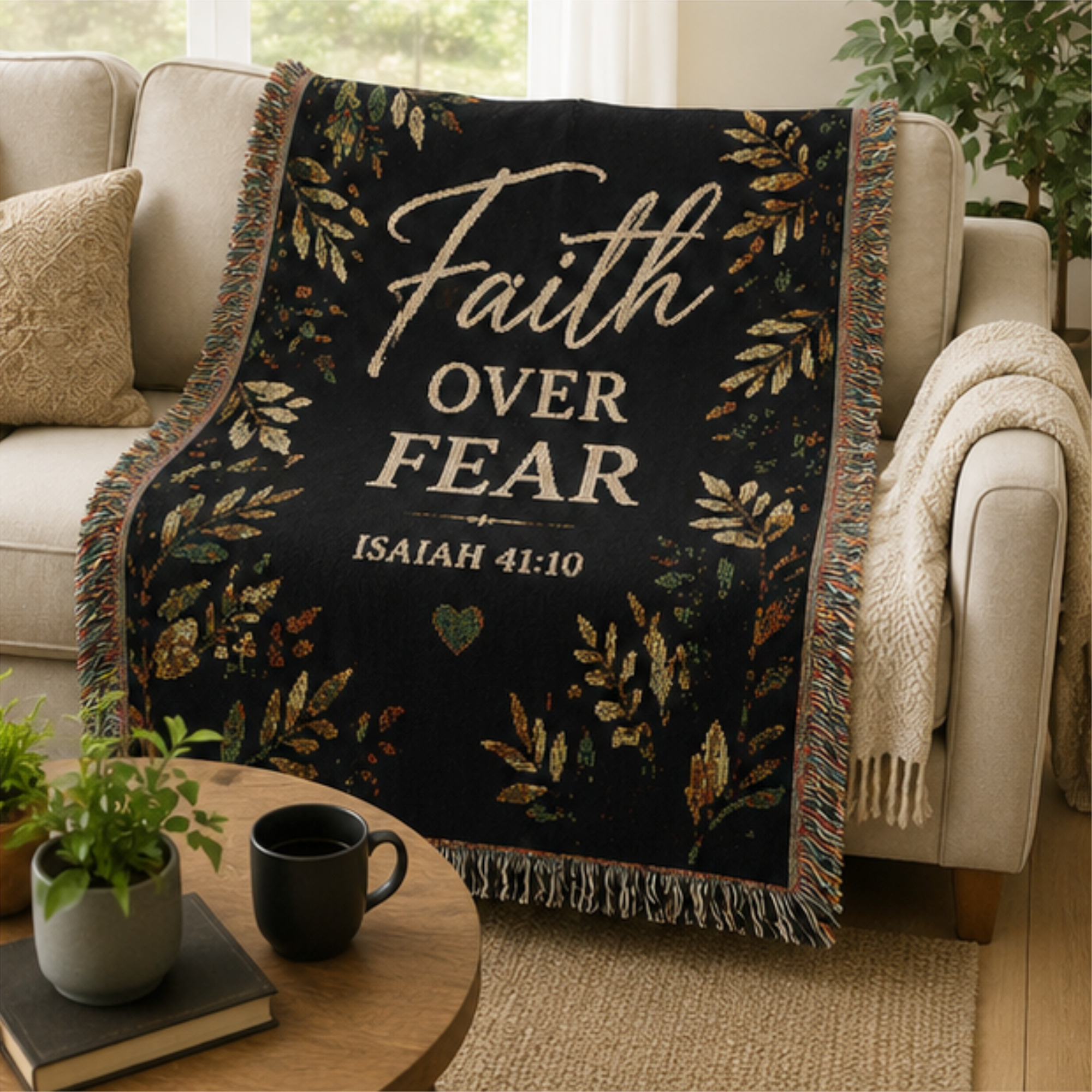 Faith Over Fear Christian Woven Blanket | Isaiah 41:10 Inspirational Throw