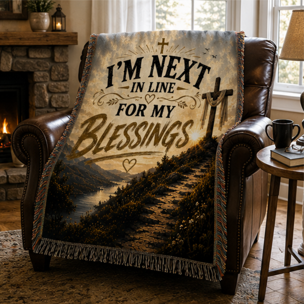 I'm Next in Line for My Blessings Christian Woven Blanket | Inspirational Faith Throw