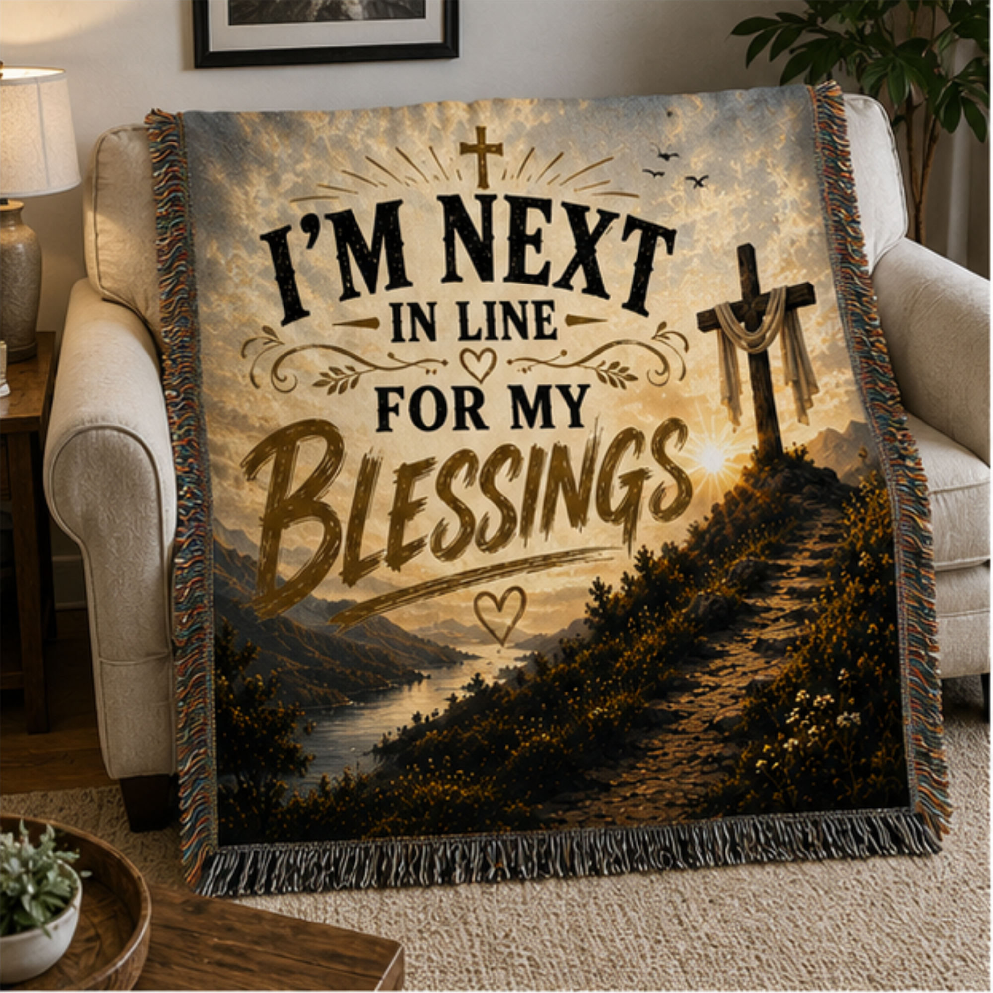 I'm Next in Line for My Blessings Christian Woven Blanket | Inspirational Faith Throw