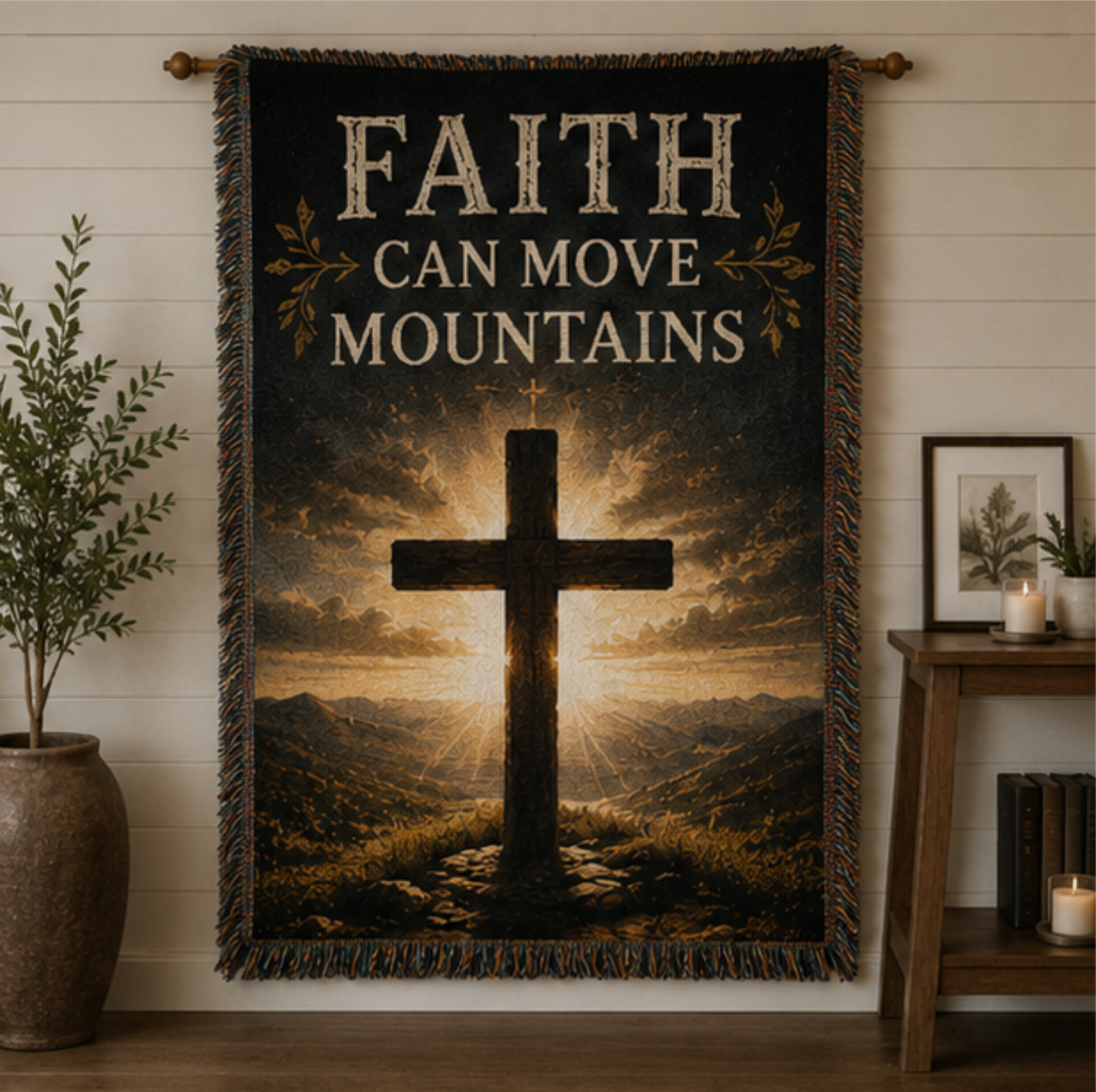 Faith Can Move Mountains Christian Woven Blanket | Inspirational Cross Throw