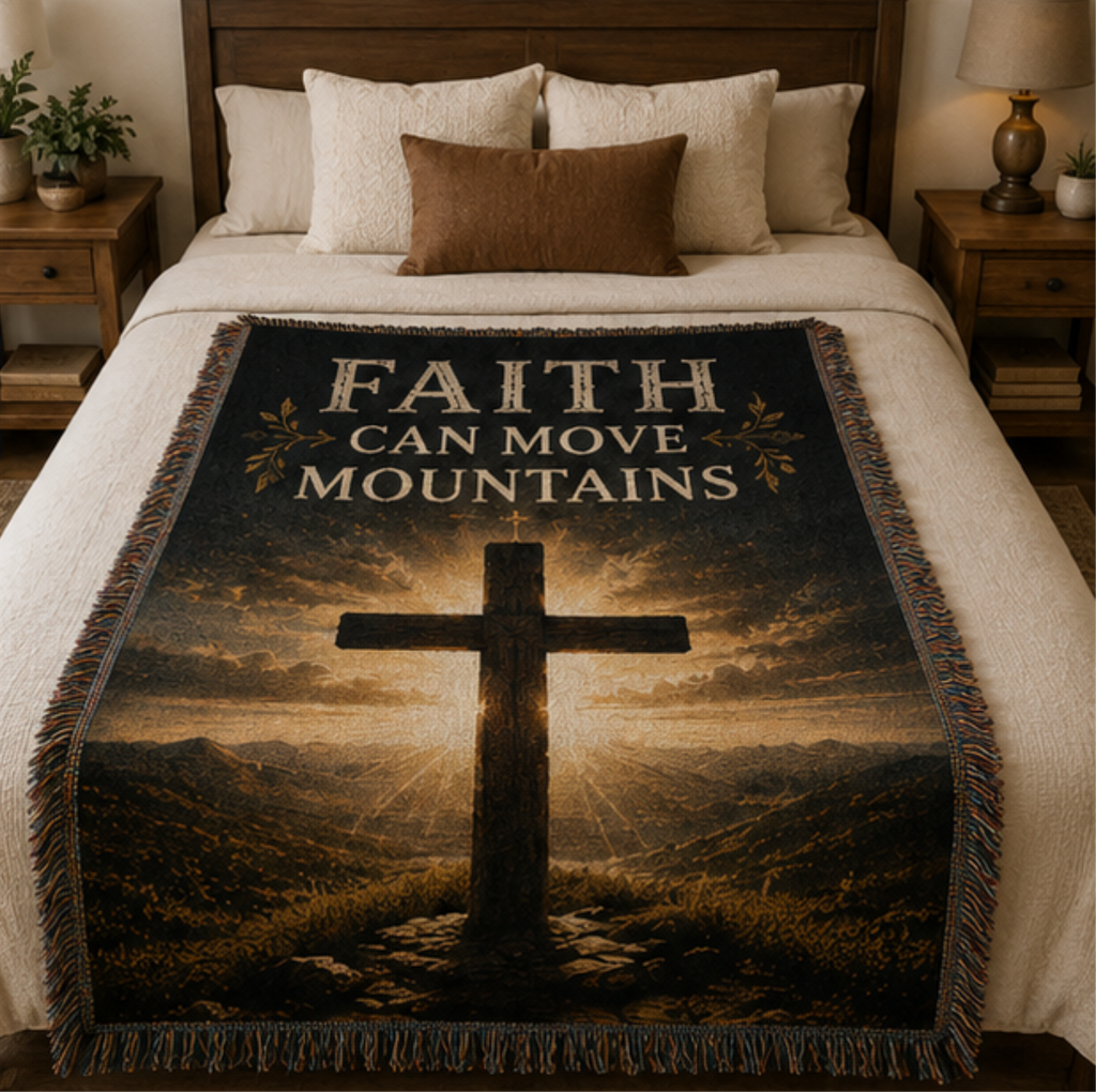 Faith Can Move Mountains Christian Woven Blanket | Inspirational Cross Throw