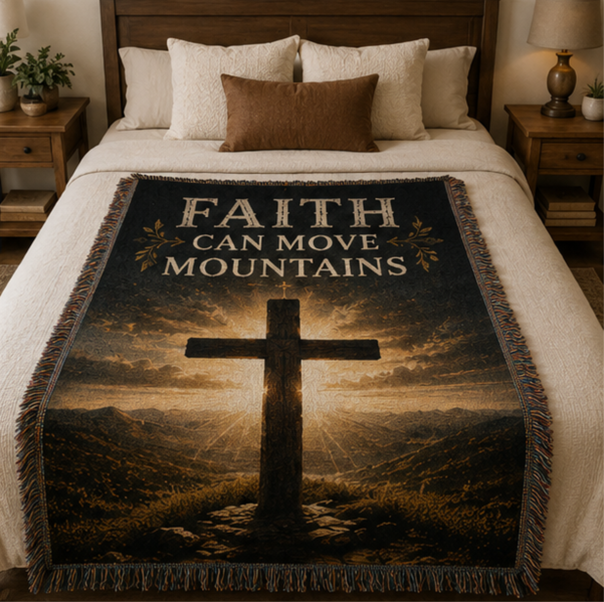 Faith Can Move Mountains Christian Woven Blanket | Inspirational Cross Throw