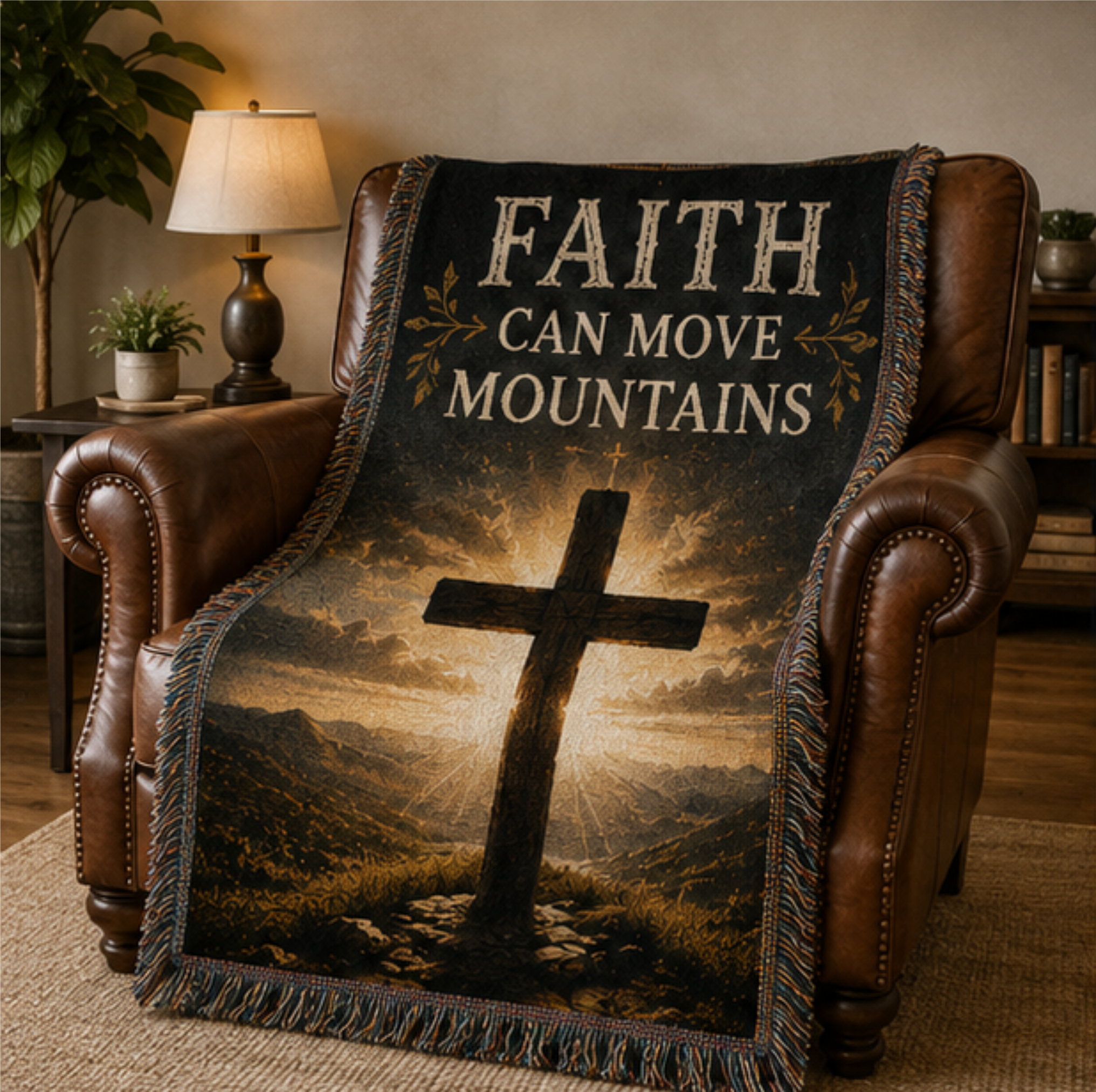 Faith Can Move Mountains Christian Woven Blanket | Inspirational Cross Throw