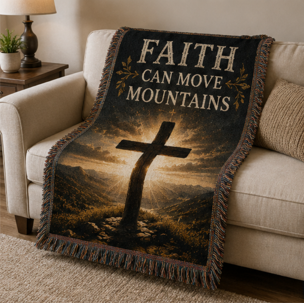 Faith Can Move Mountains Christian Woven Blanket | Inspirational Cross Throw