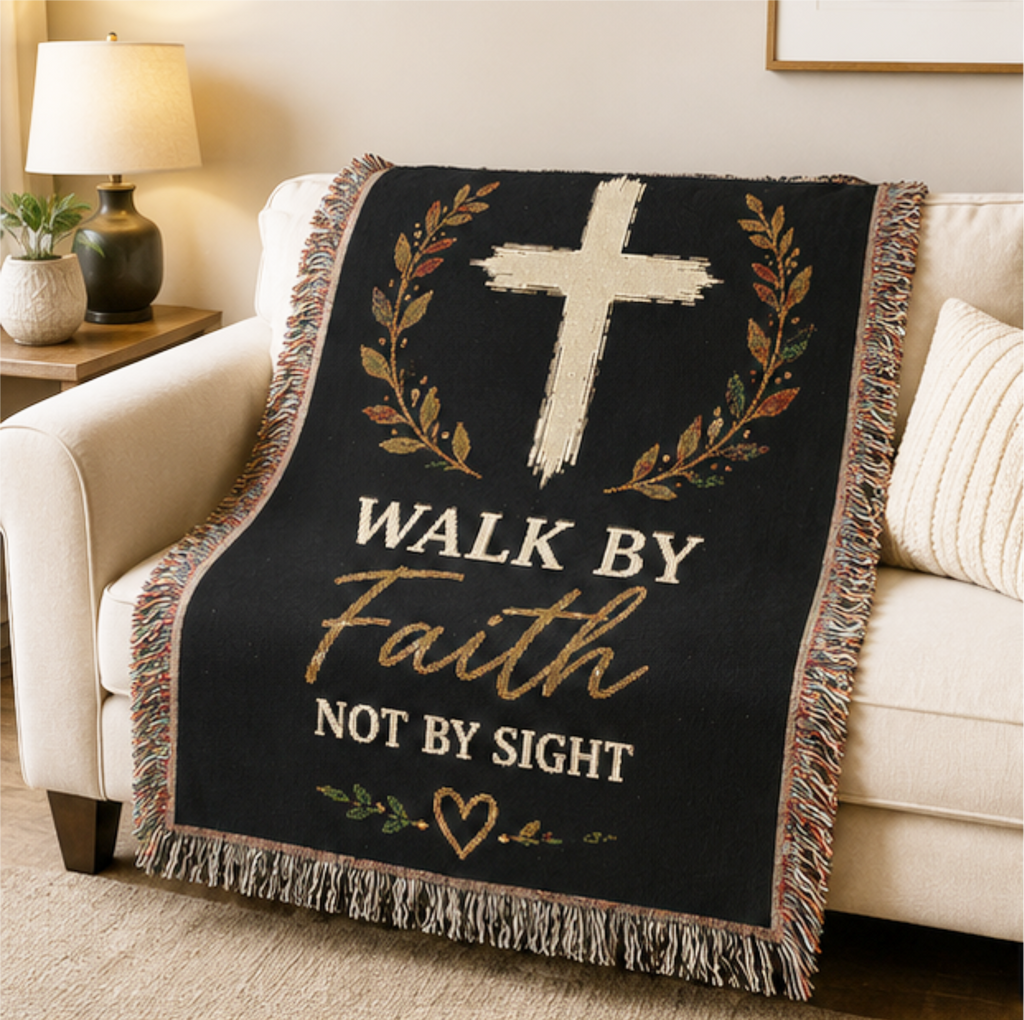 Walk by Faith Not by Sight Christian Woven Blanket | Inspirational Cross Throw