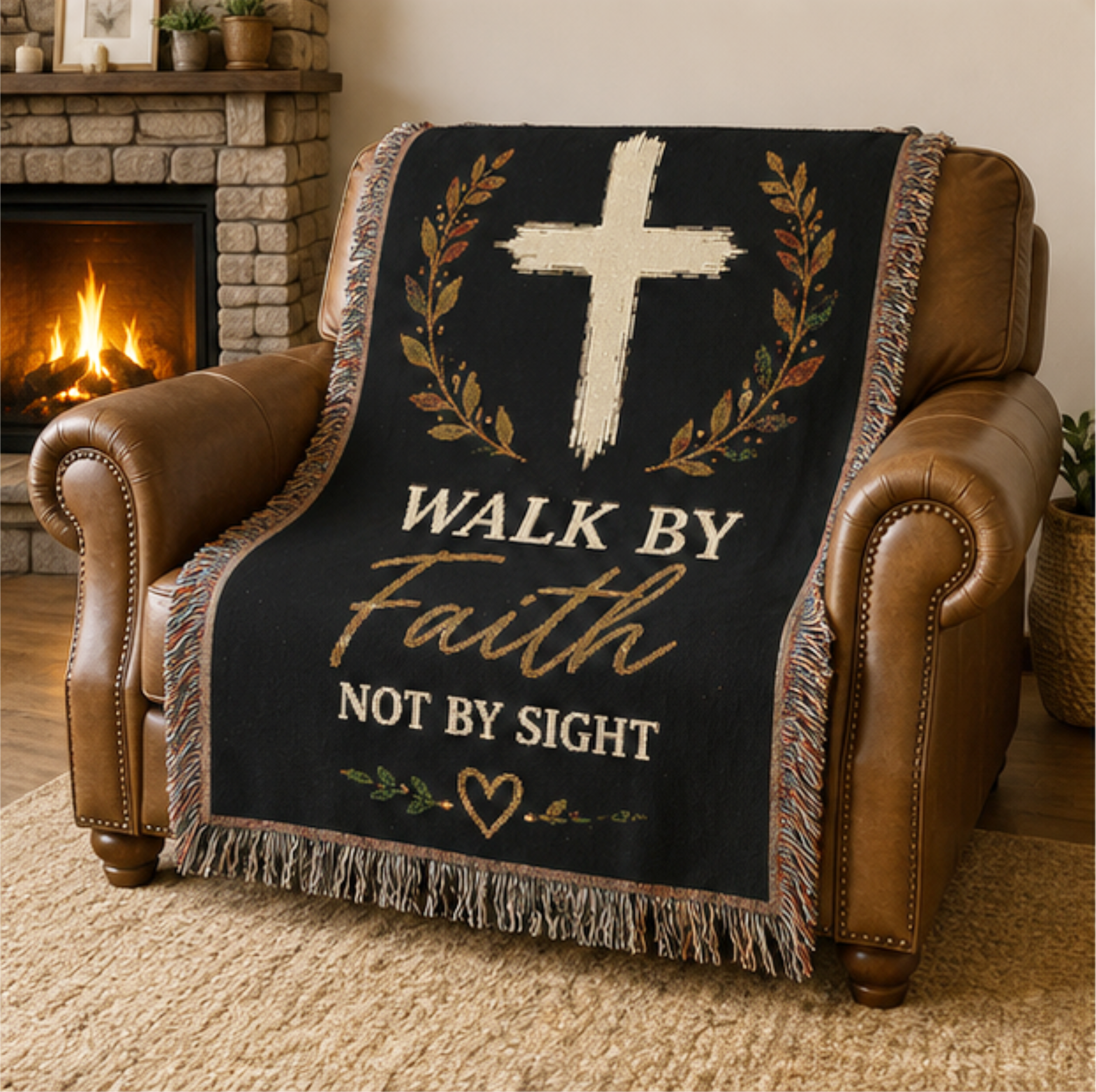 Walk by Faith Not by Sight Christian Woven Blanket | Inspirational Cross Throw