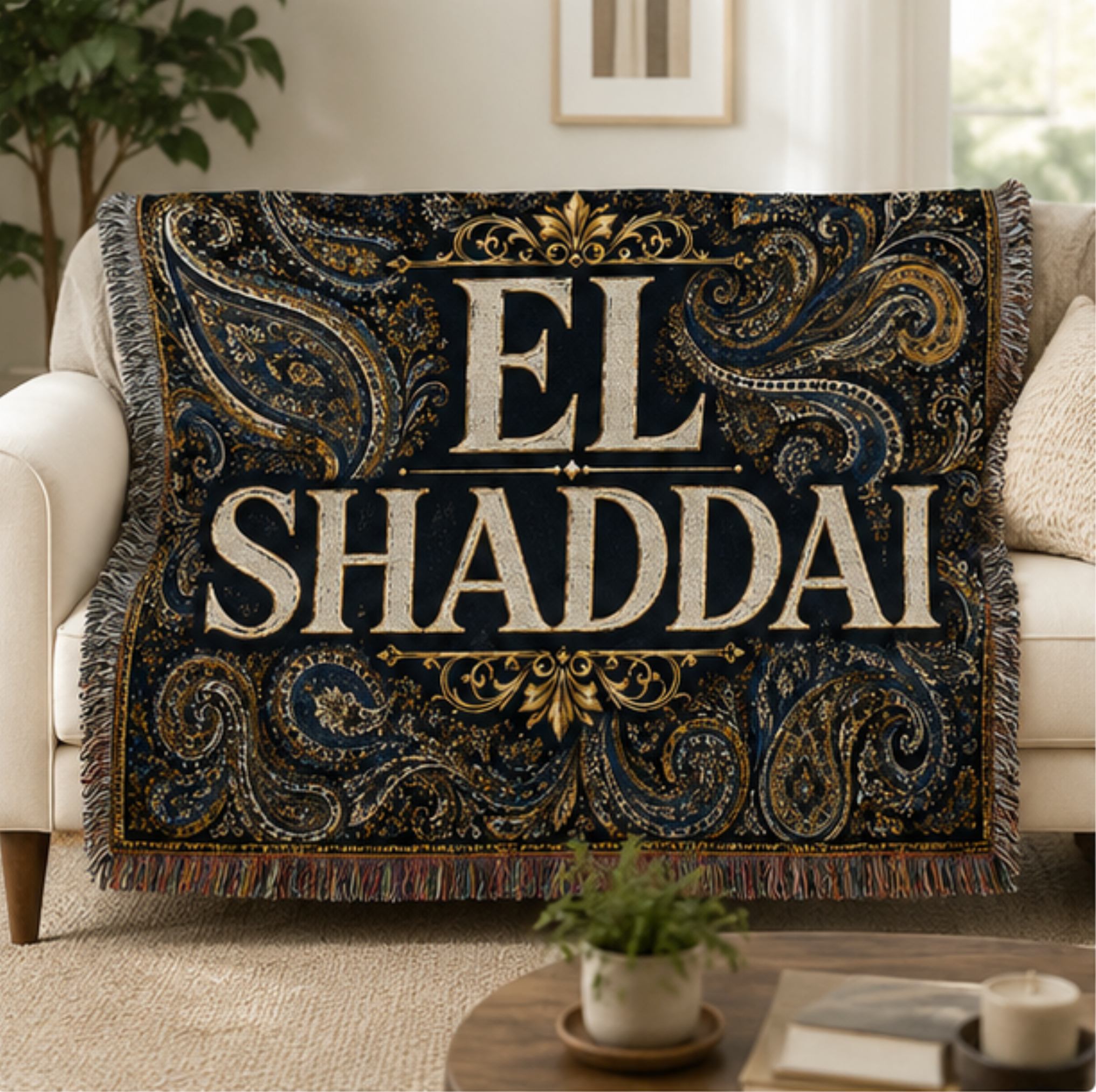El Shaddai Woven Throw Blanket - Paisley Religious Comfort Throw