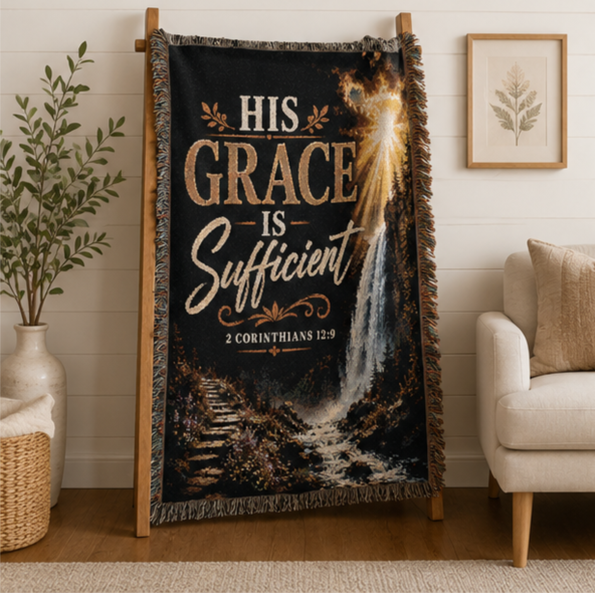 His Grace Is Sufficient Woven Blanket — Inspirational Christian Throw for Home & Church