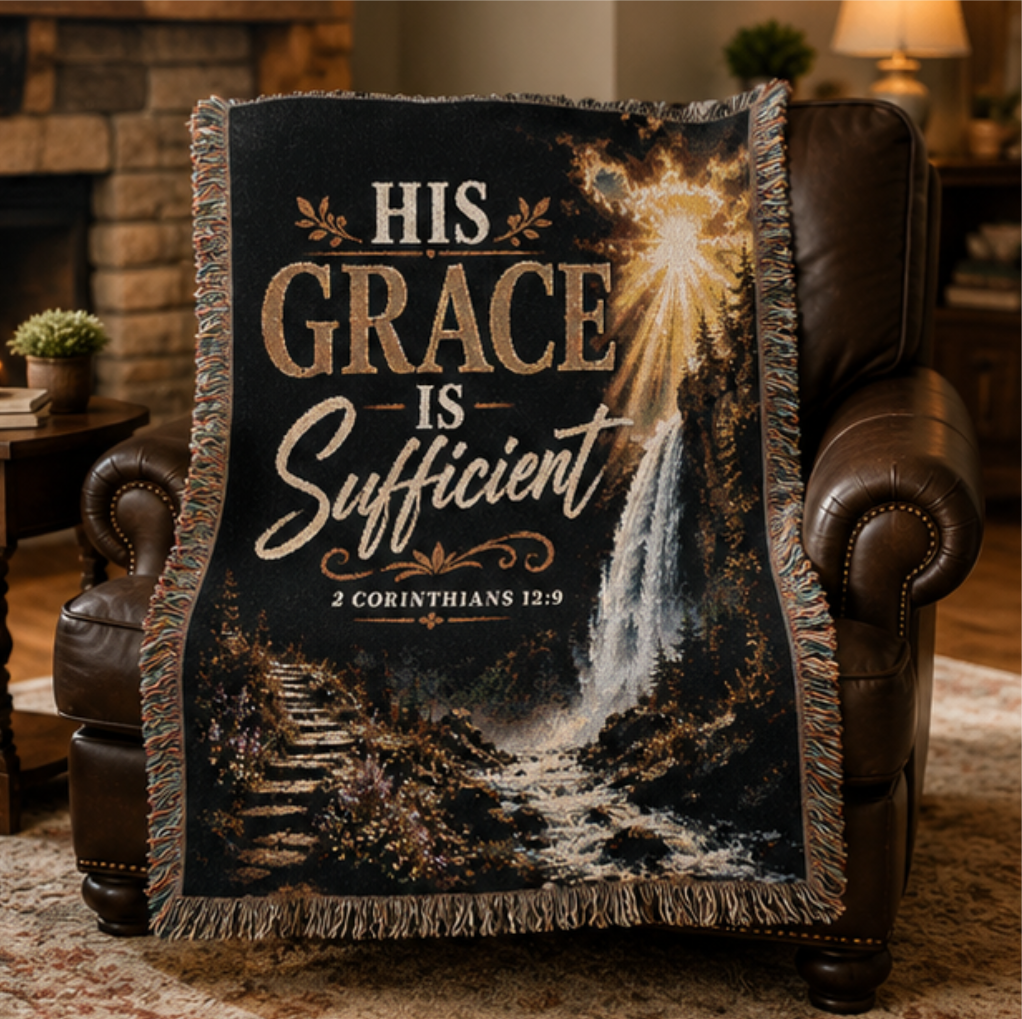 His Grace Is Sufficient Woven Blanket — Inspirational Christian Throw for Home & Church