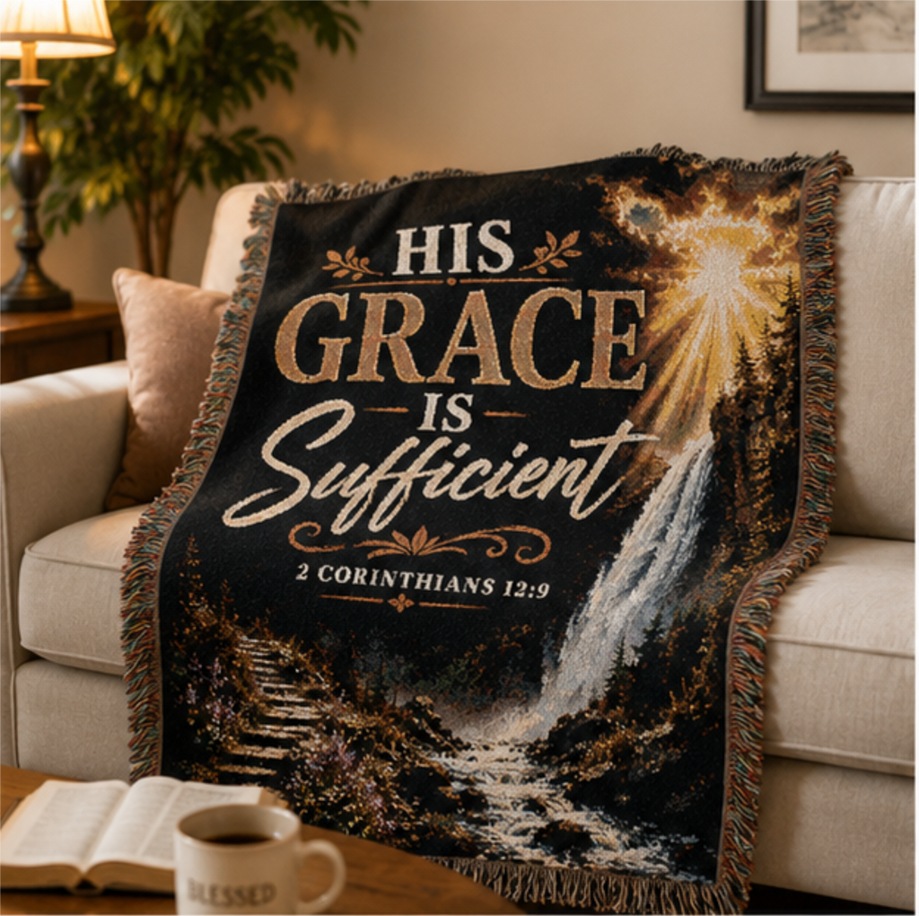 His Grace Is Sufficient Woven Blanket — Inspirational Christian Throw for Home & Church