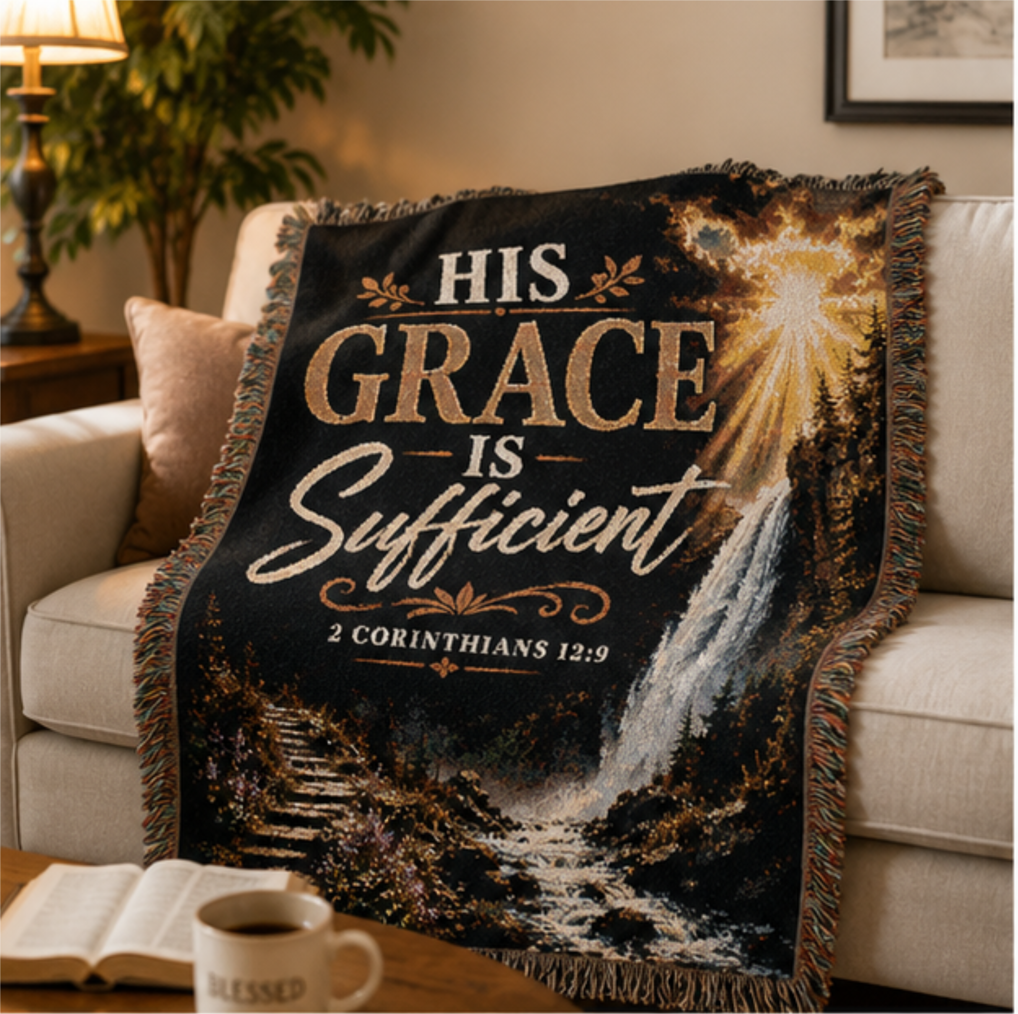 His Grace Is Sufficient Woven Blanket — Inspirational Christian Throw for Home & Church