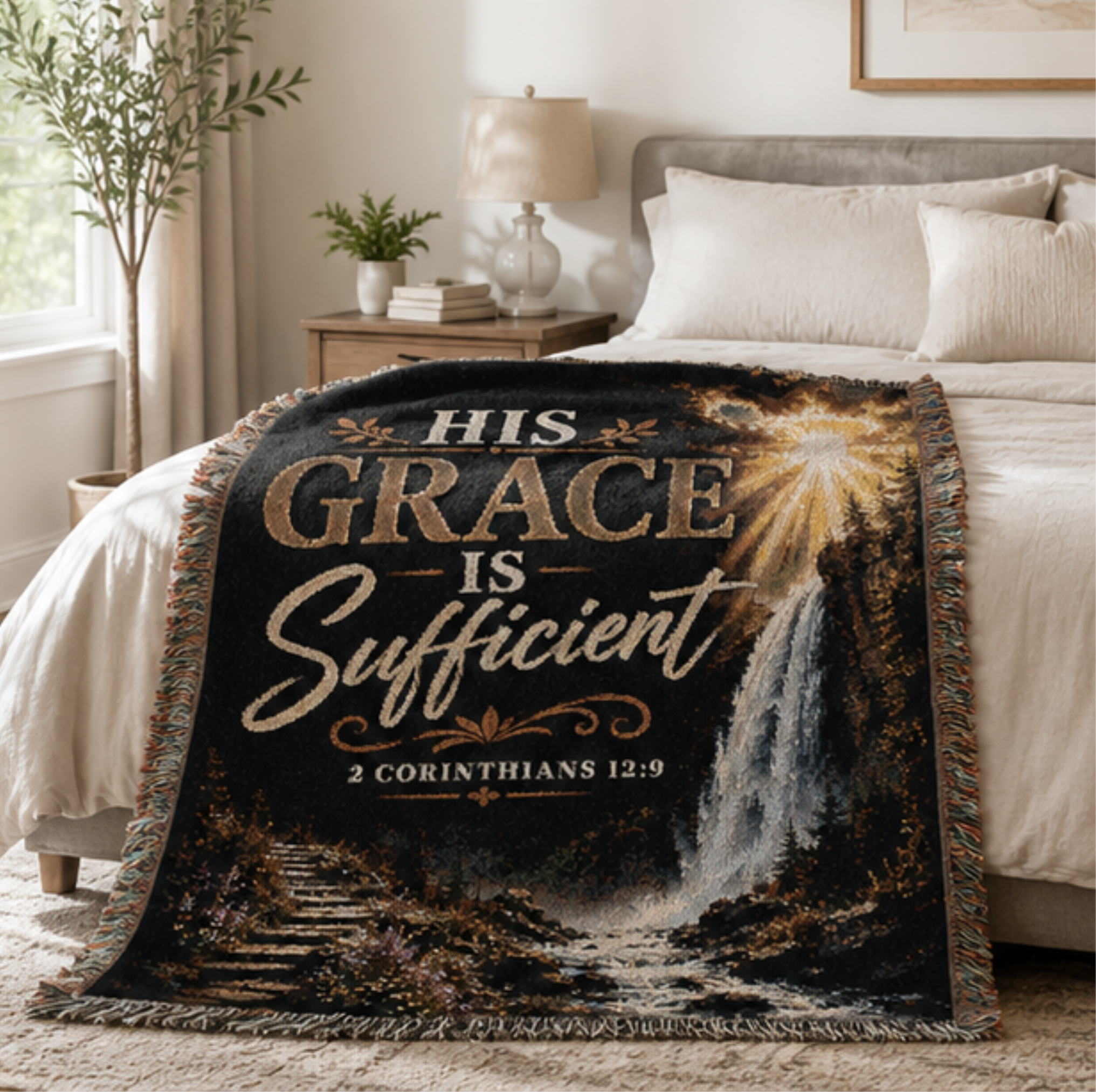 His Grace Is Sufficient Woven Blanket — Inspirational Christian Throw for Home & Church