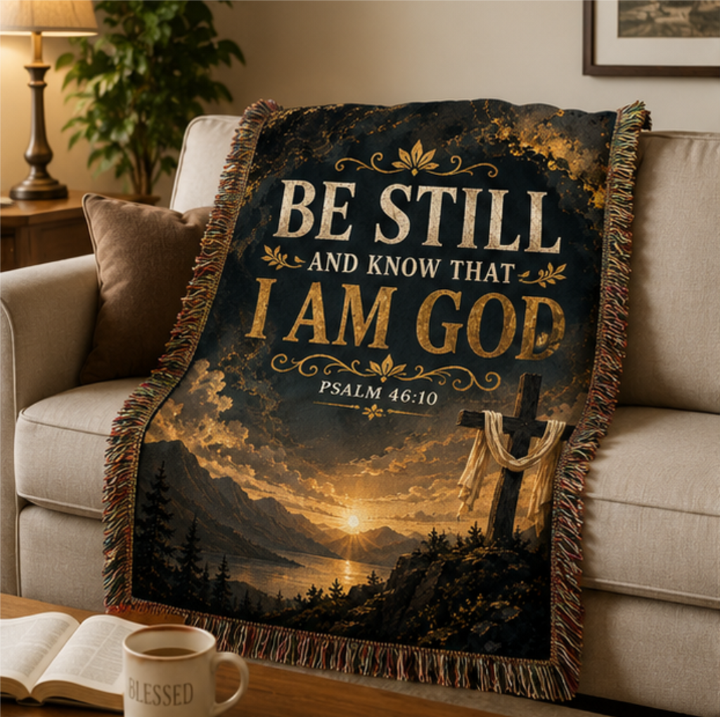Christian Inspirational Woven Blanket — “Be Still I Am God” Scripture Throw