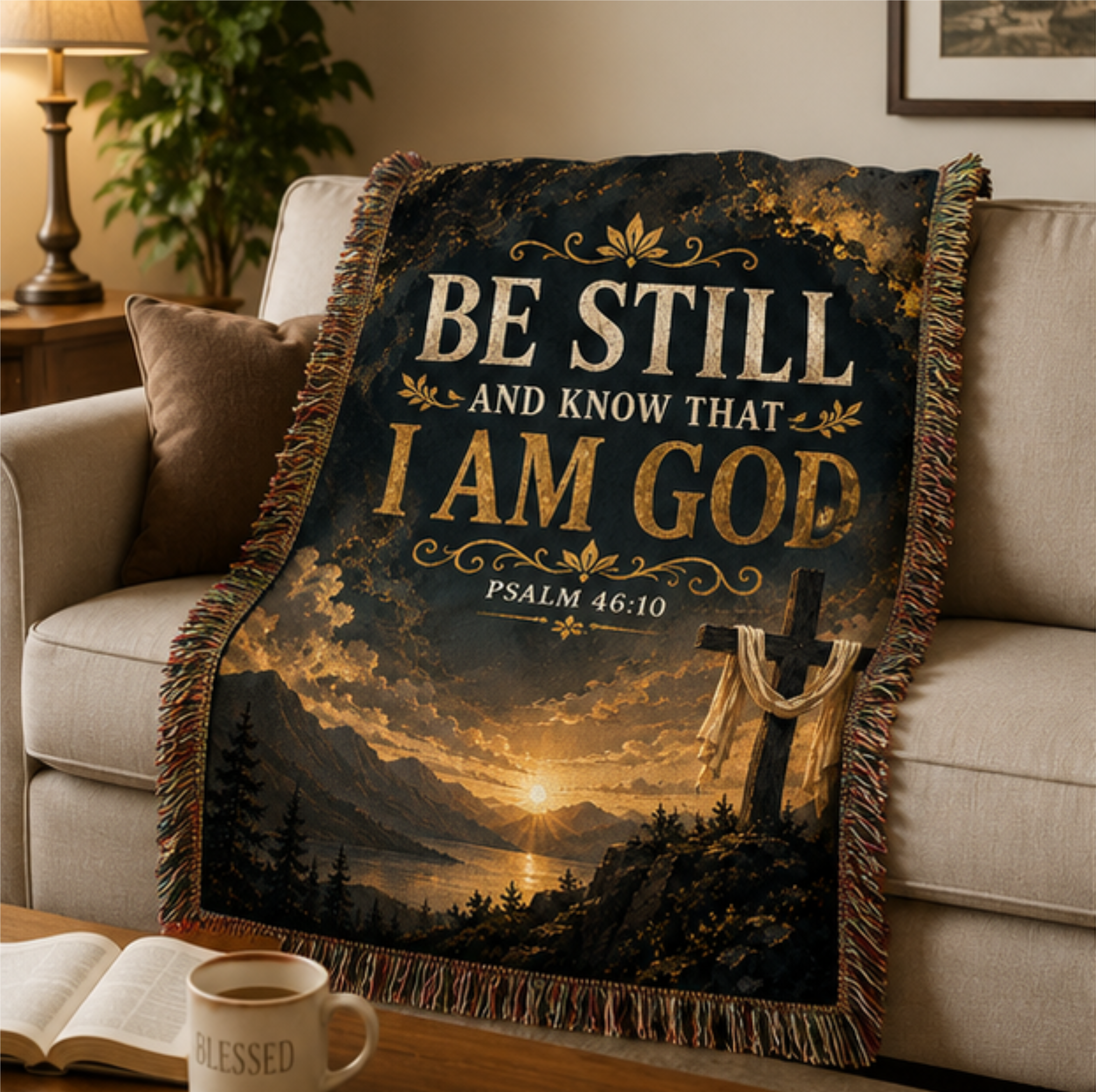 Christian Inspirational Woven Blanket — “Be Still I Am God” Scripture Throw