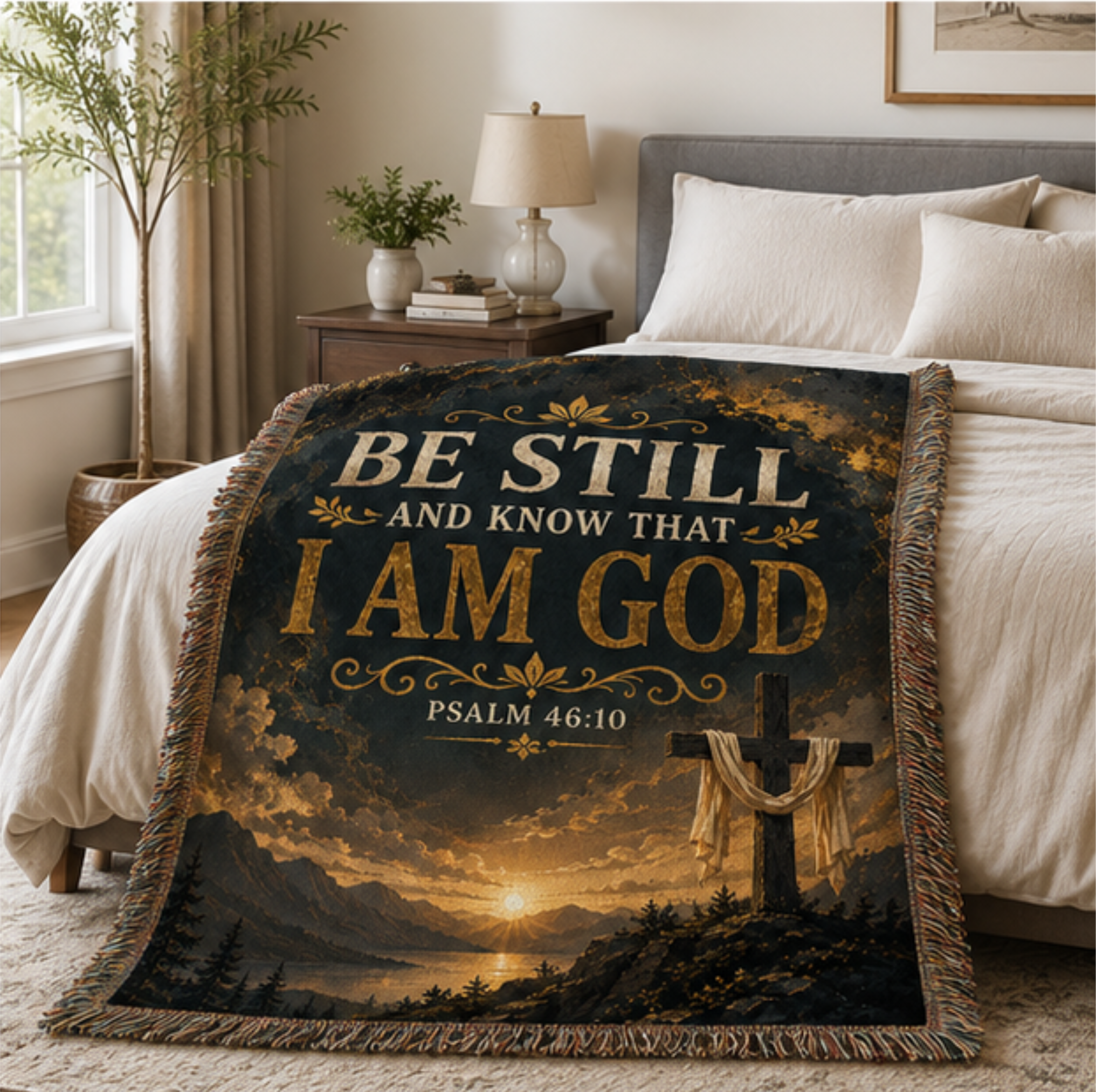 Christian Inspirational Woven Blanket — “Be Still I Am God” Scripture Throw