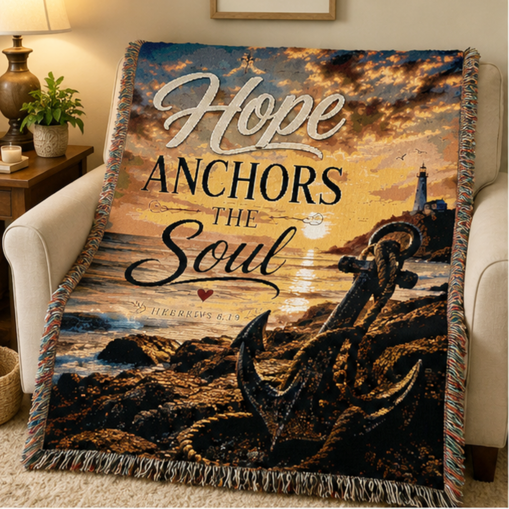 Hope Anchors the Soul Woven Blanket — Inspirational Nautical Throw