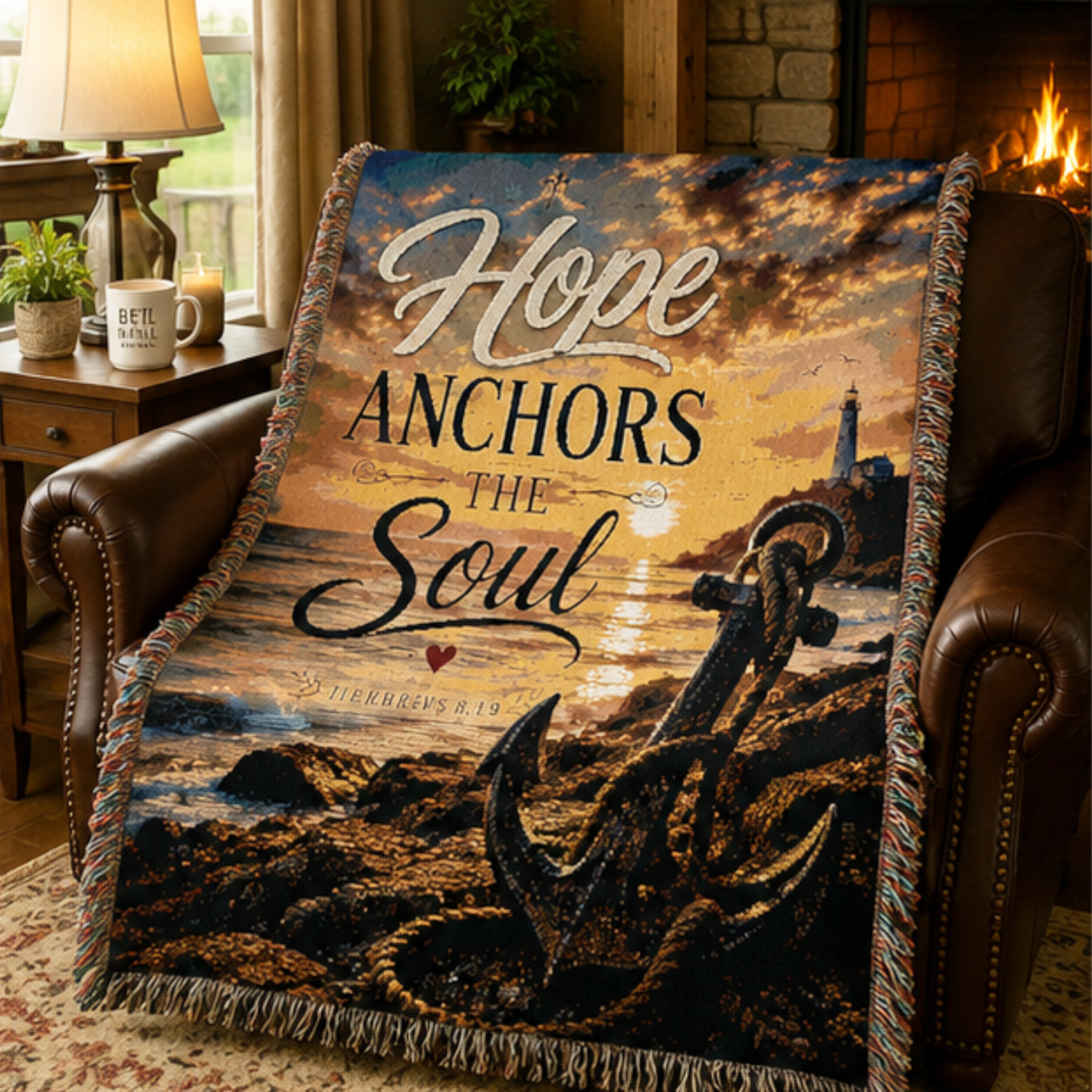 Hope Anchors the Soul Woven Blanket — Inspirational Nautical Throw