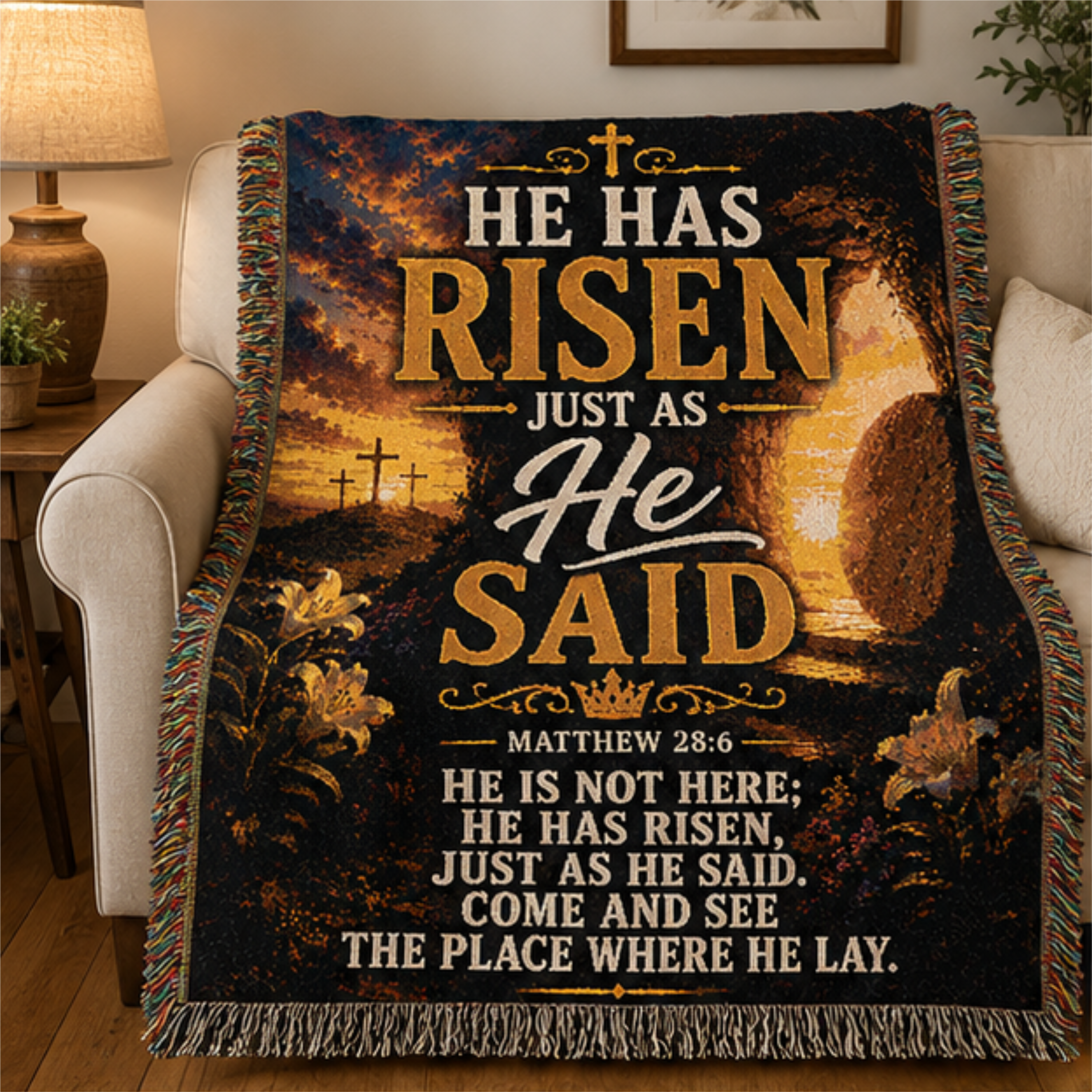 He Has Risen Just As He Said Woven Blanket | Matthew 28:6 Christian Easter Throw | Inspirational Faith Gift
