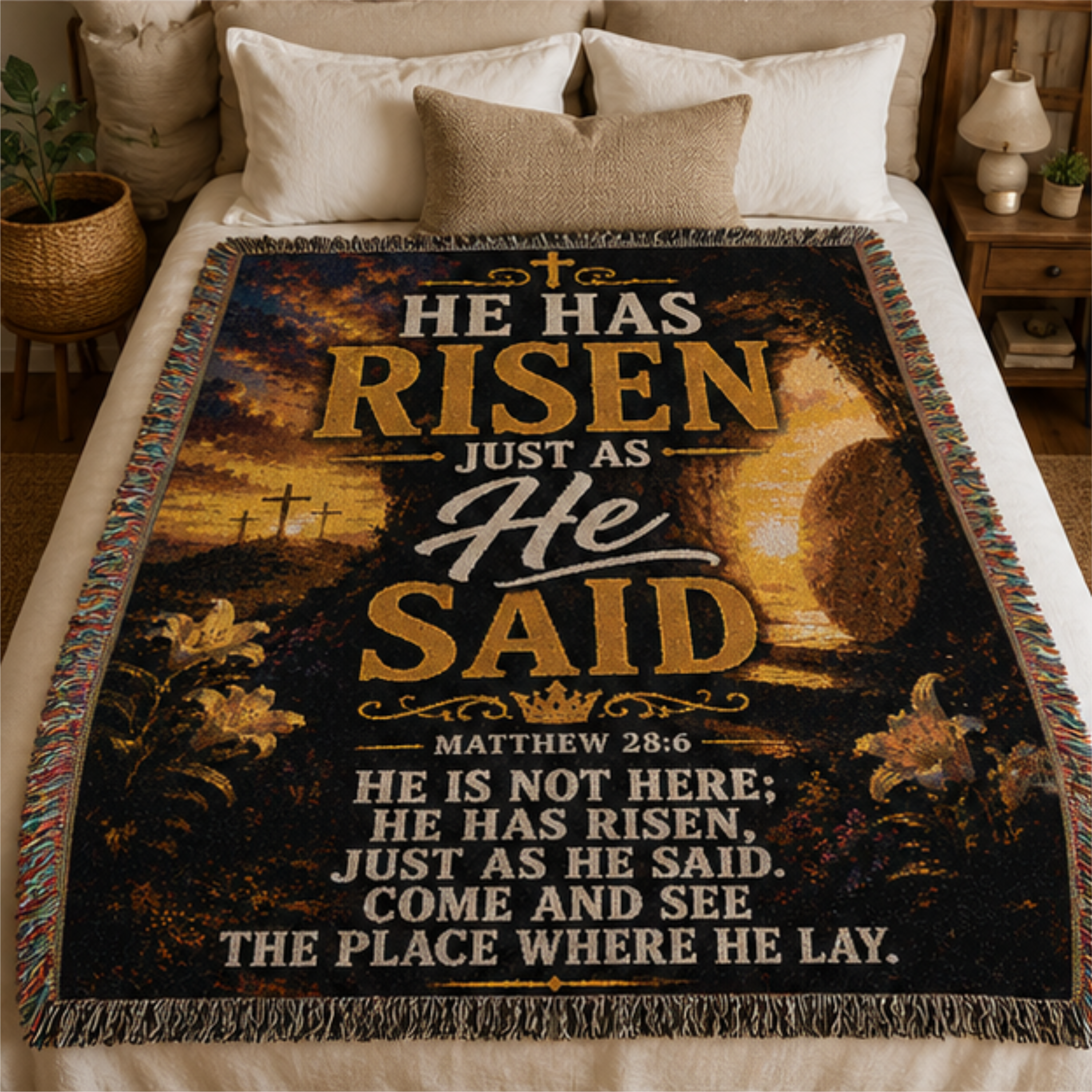 He Has Risen Just As He Said Woven Blanket | Matthew 28:6 Christian Easter Throw | Inspirational Faith Gift
