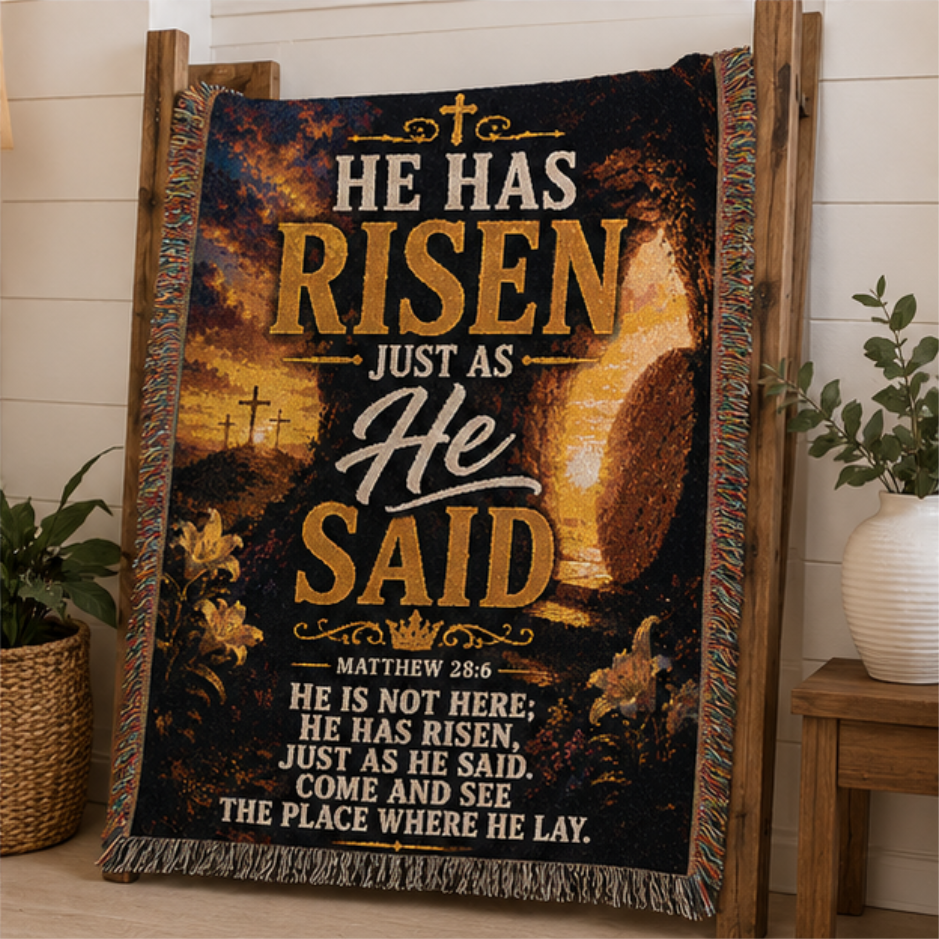 He Has Risen Just As He Said Woven Blanket | Matthew 28:6 Christian Easter Throw | Inspirational Faith Gift