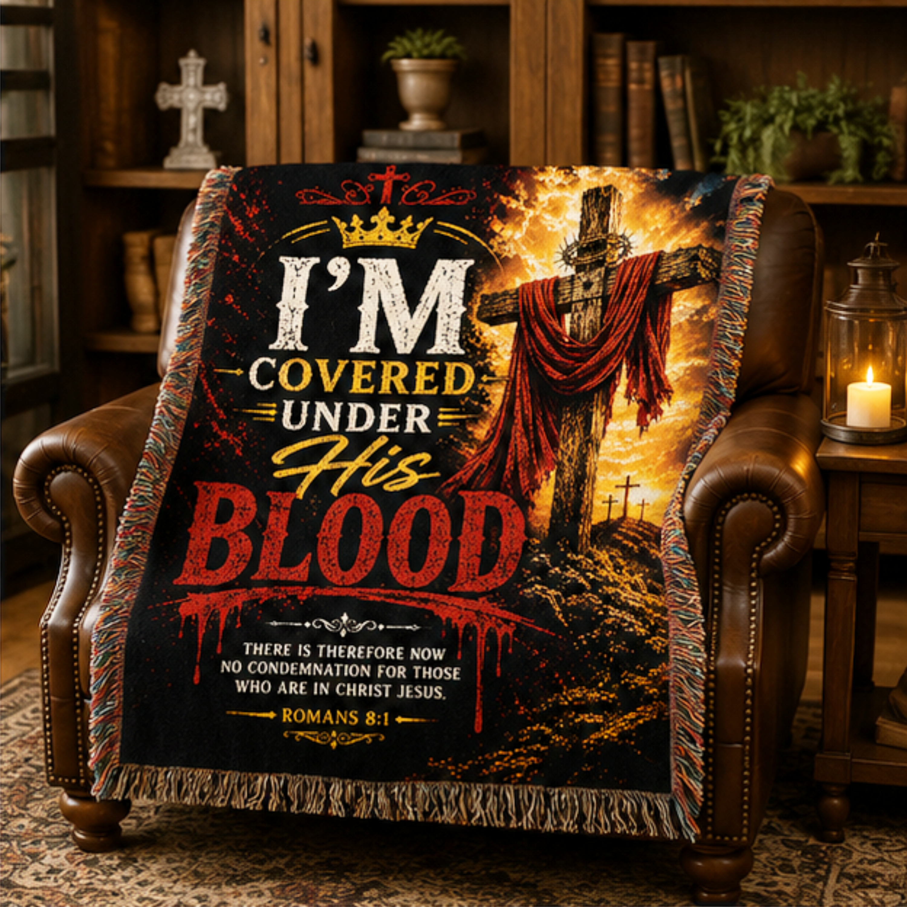 I'm Covered Under His Blood Woven Blanket | Romans 8:1 Christian Throw | Inspirational Faith Gift