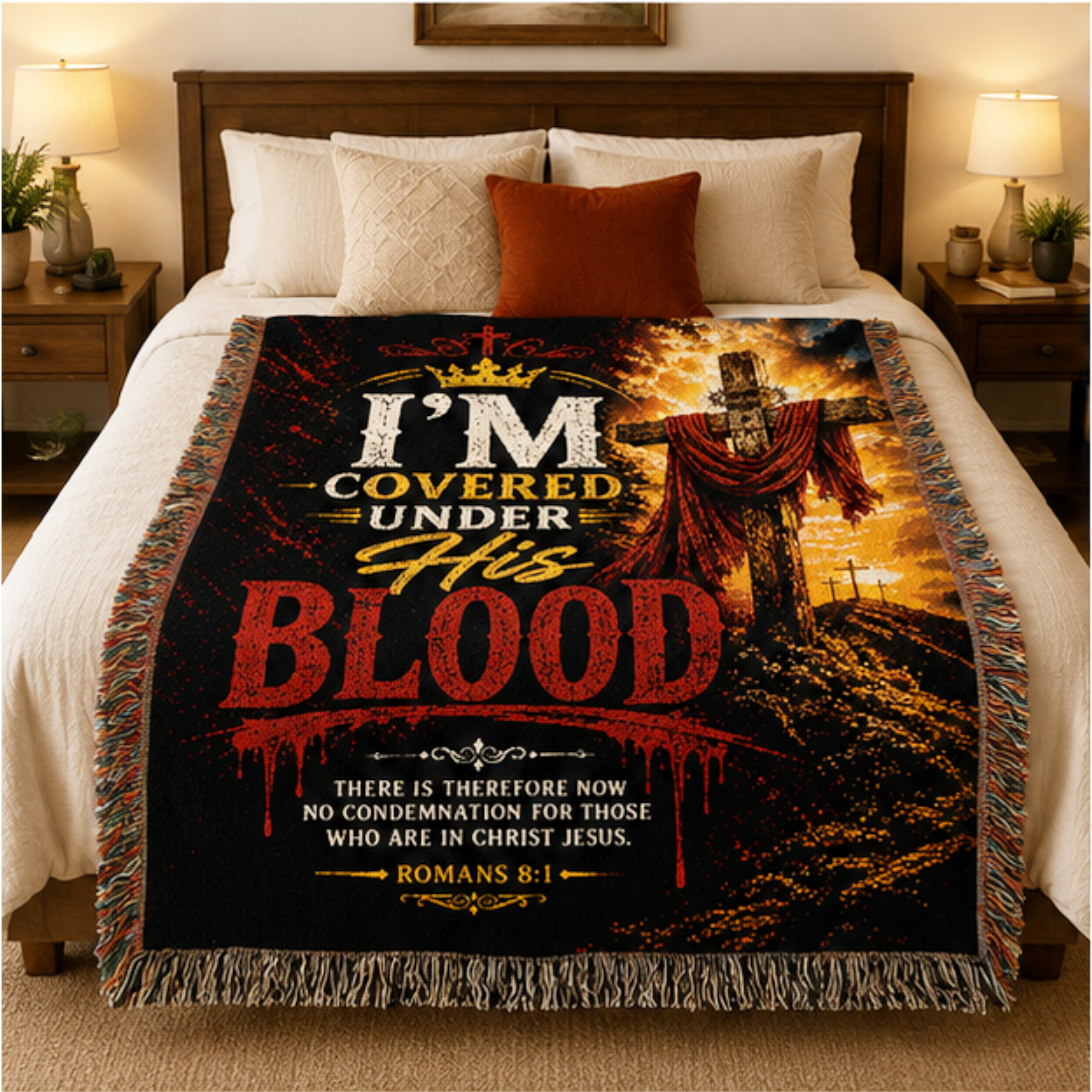 I'm Covered Under His Blood Woven Blanket | Romans 8:1 Christian Throw | Inspirational Faith Gift