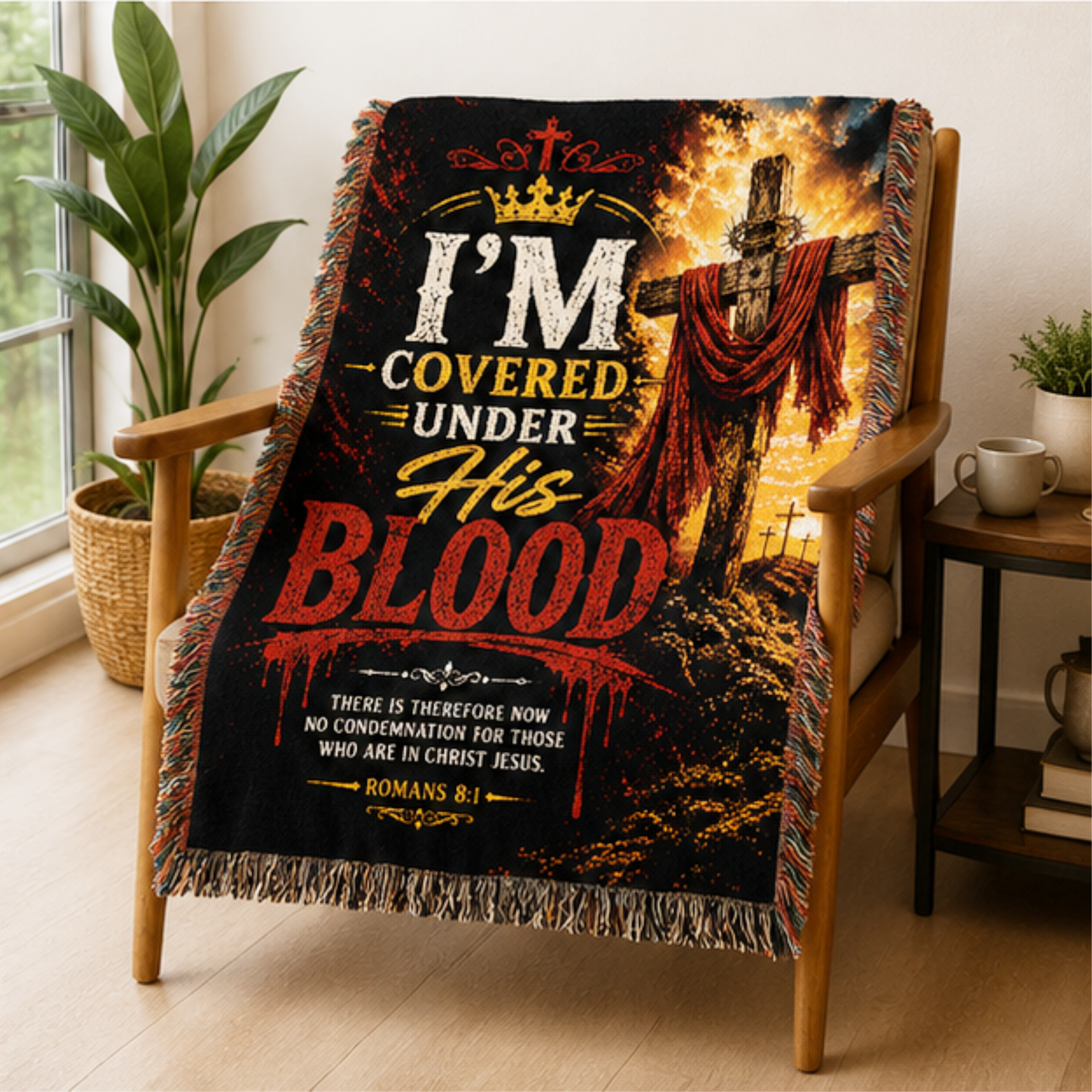 I'm Covered Under His Blood Woven Blanket | Romans 8:1 Christian Throw | Inspirational Faith Gift