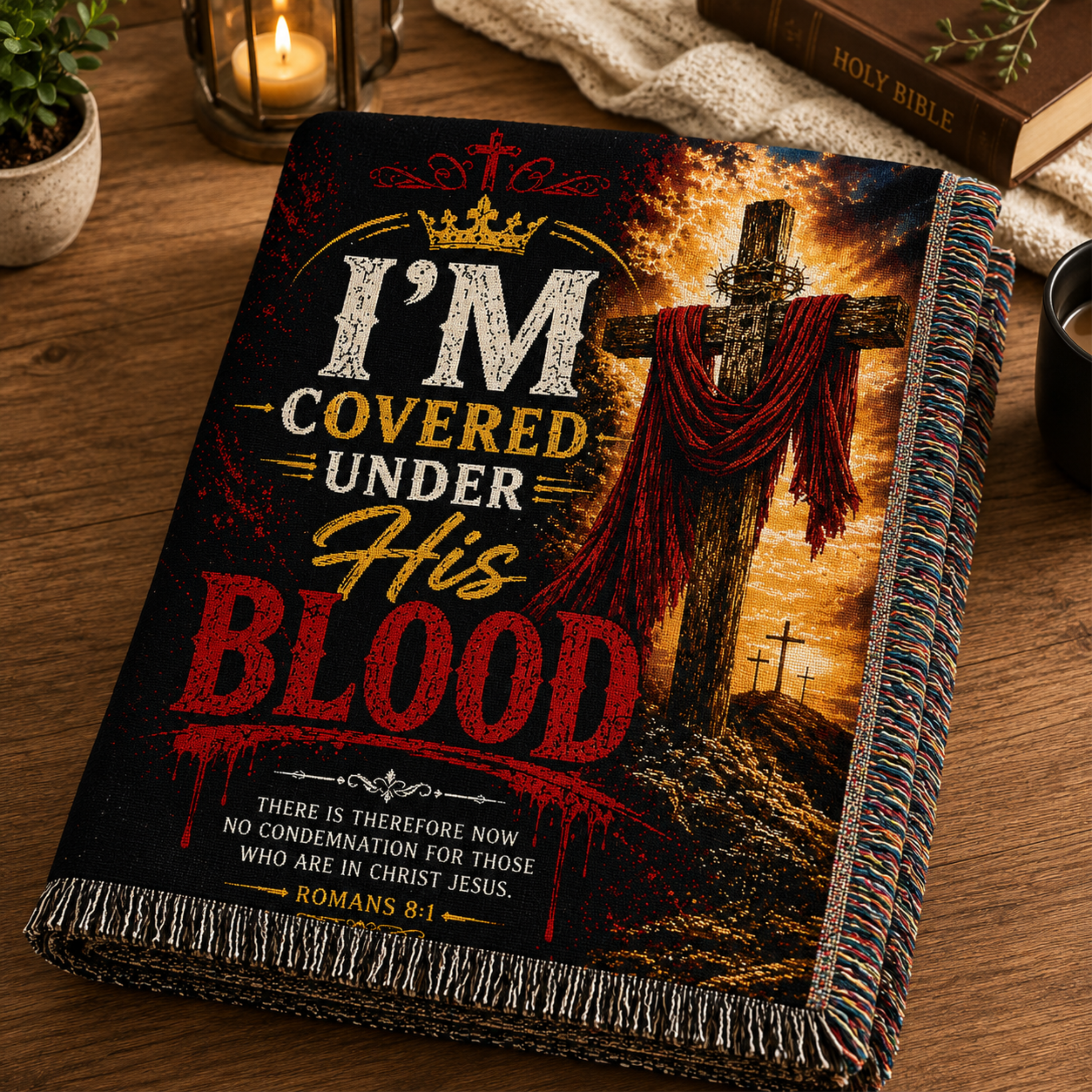 I'm Covered Under His Blood Woven Blanket | Romans 8:1 Christian Throw | Inspirational Faith Gift