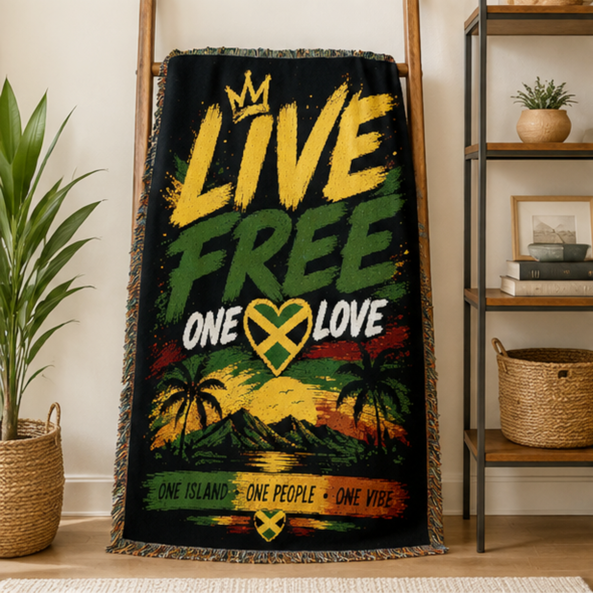 Live Free One Love Jamaica Woven Blanket | Caribbean Island Throw | Reggae Home Decor