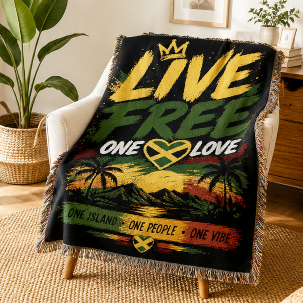 Live Free One Love Jamaica Woven Blanket | Caribbean Throw Blanket