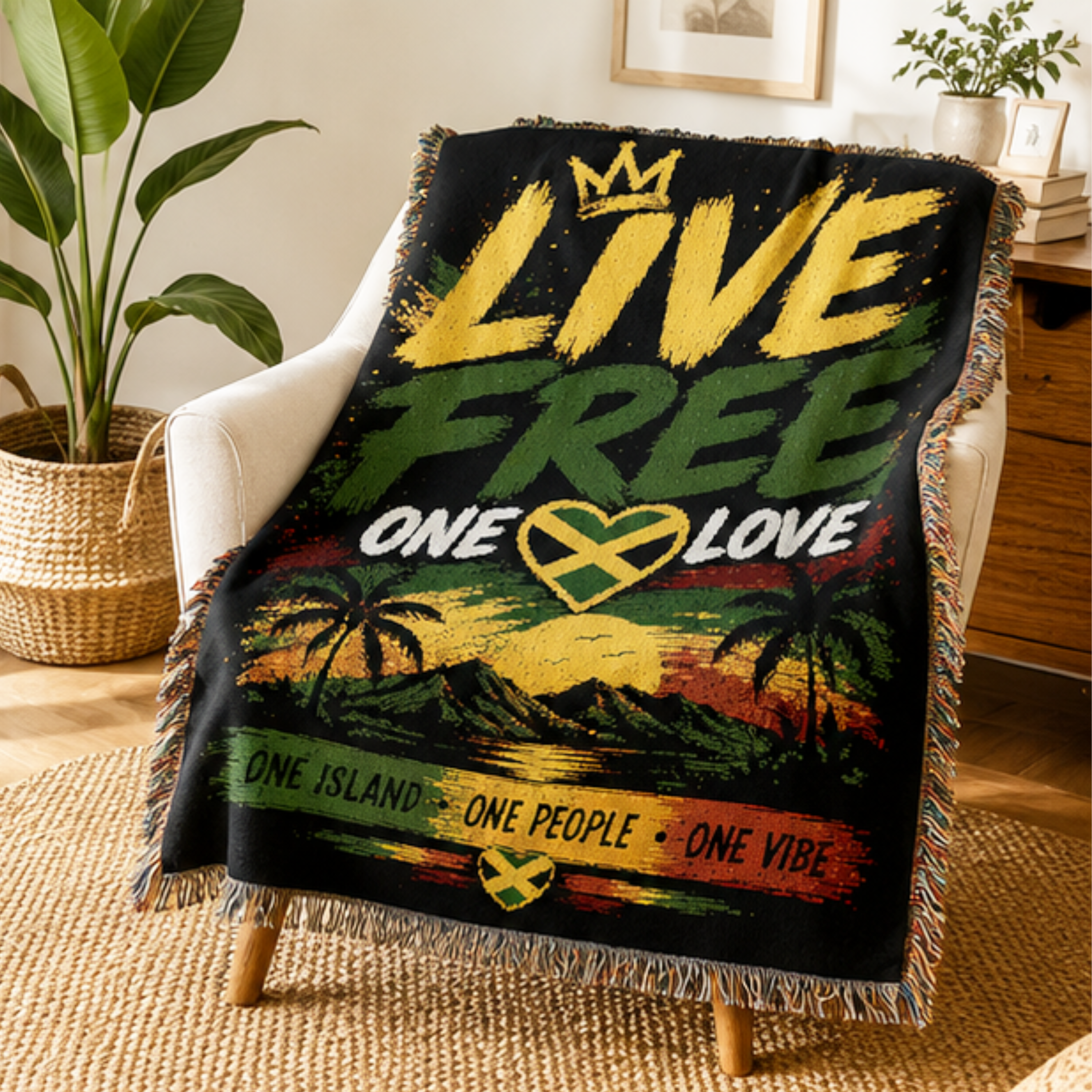 Live Free One Love Jamaica Woven Blanket | Caribbean Throw Blanket