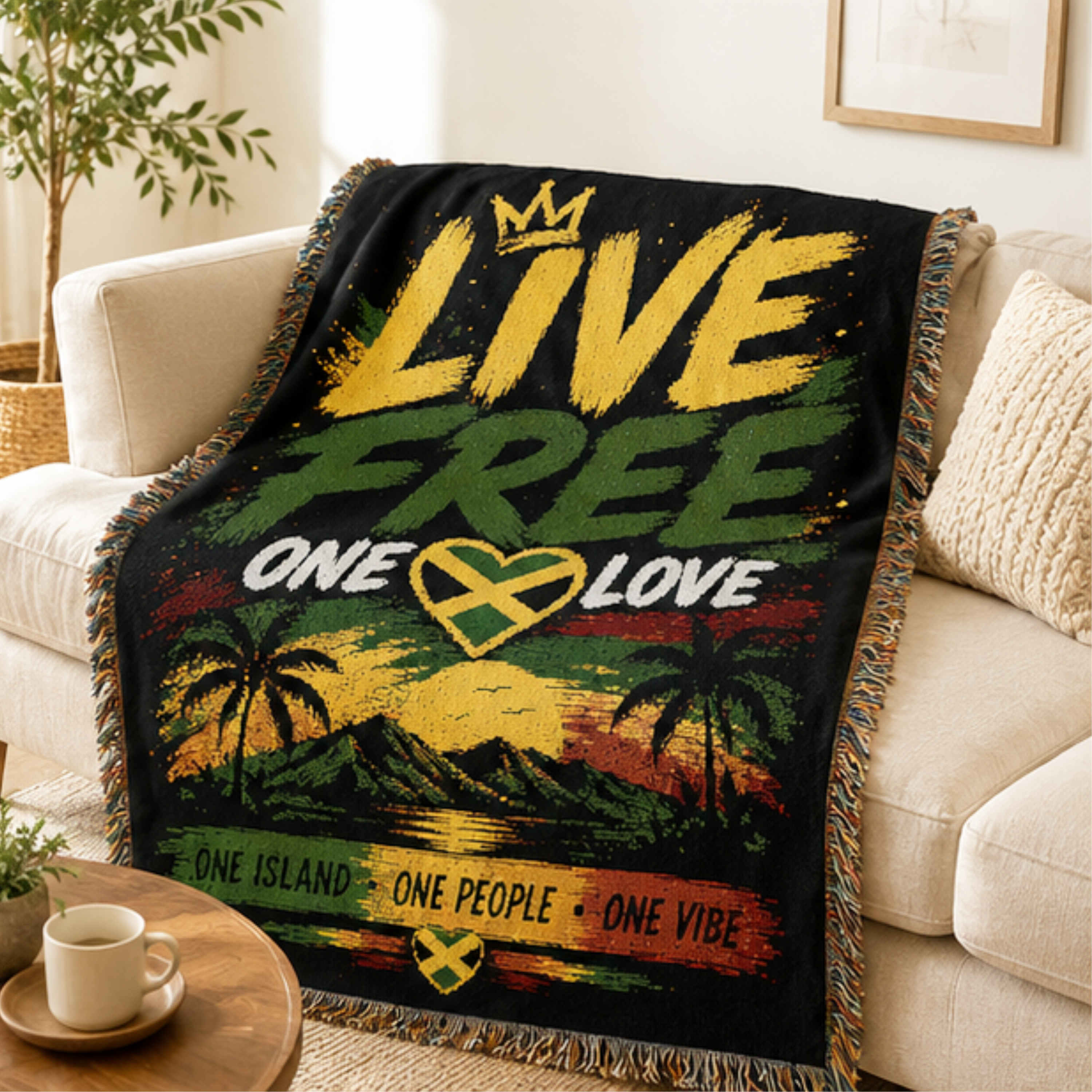 Live Free One Love Jamaica Woven Blanket | Caribbean Island Throw | Reggae Home Decor