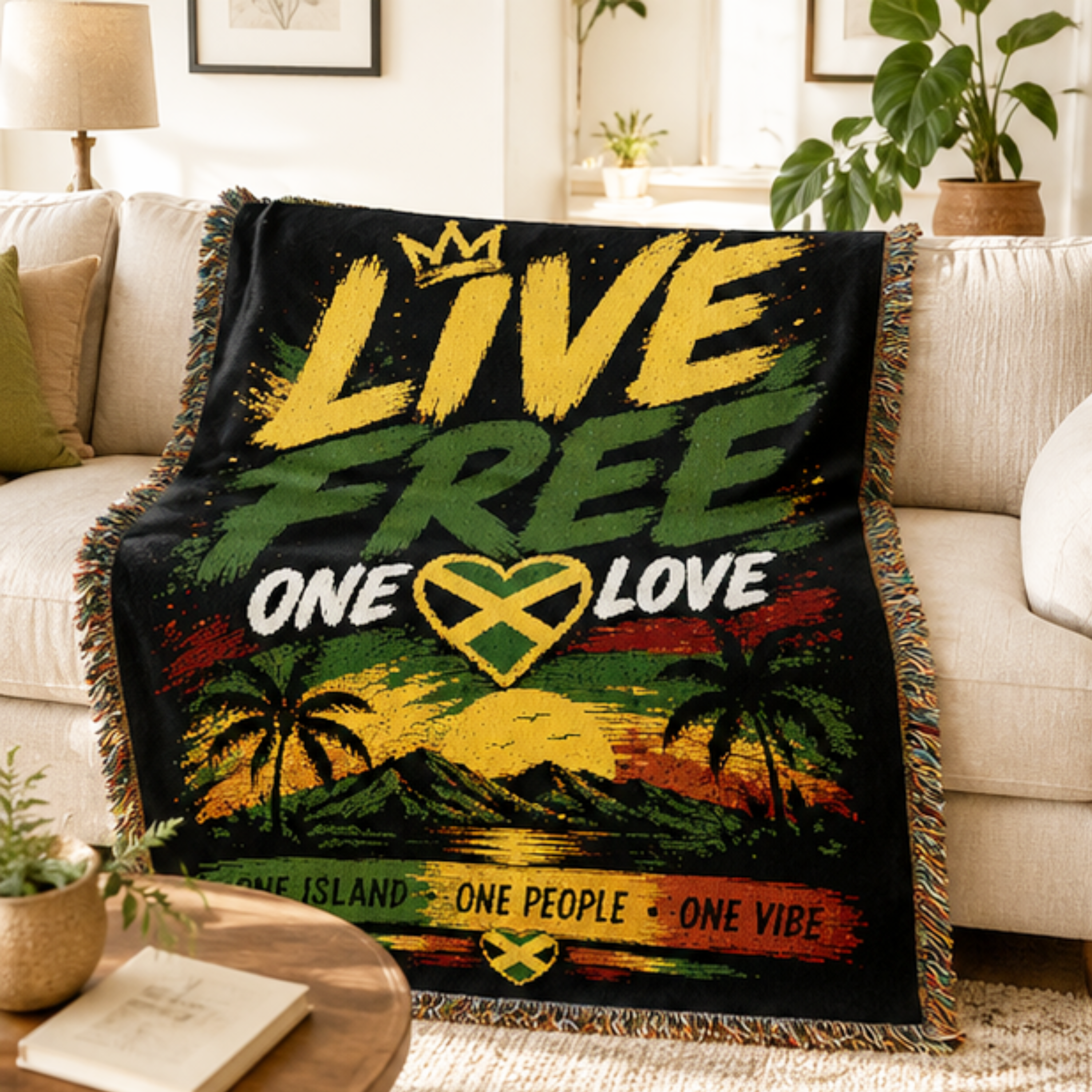 Live Free One Love Jamaica Woven Blanket | Caribbean Island Throw | Reggae Home Decor