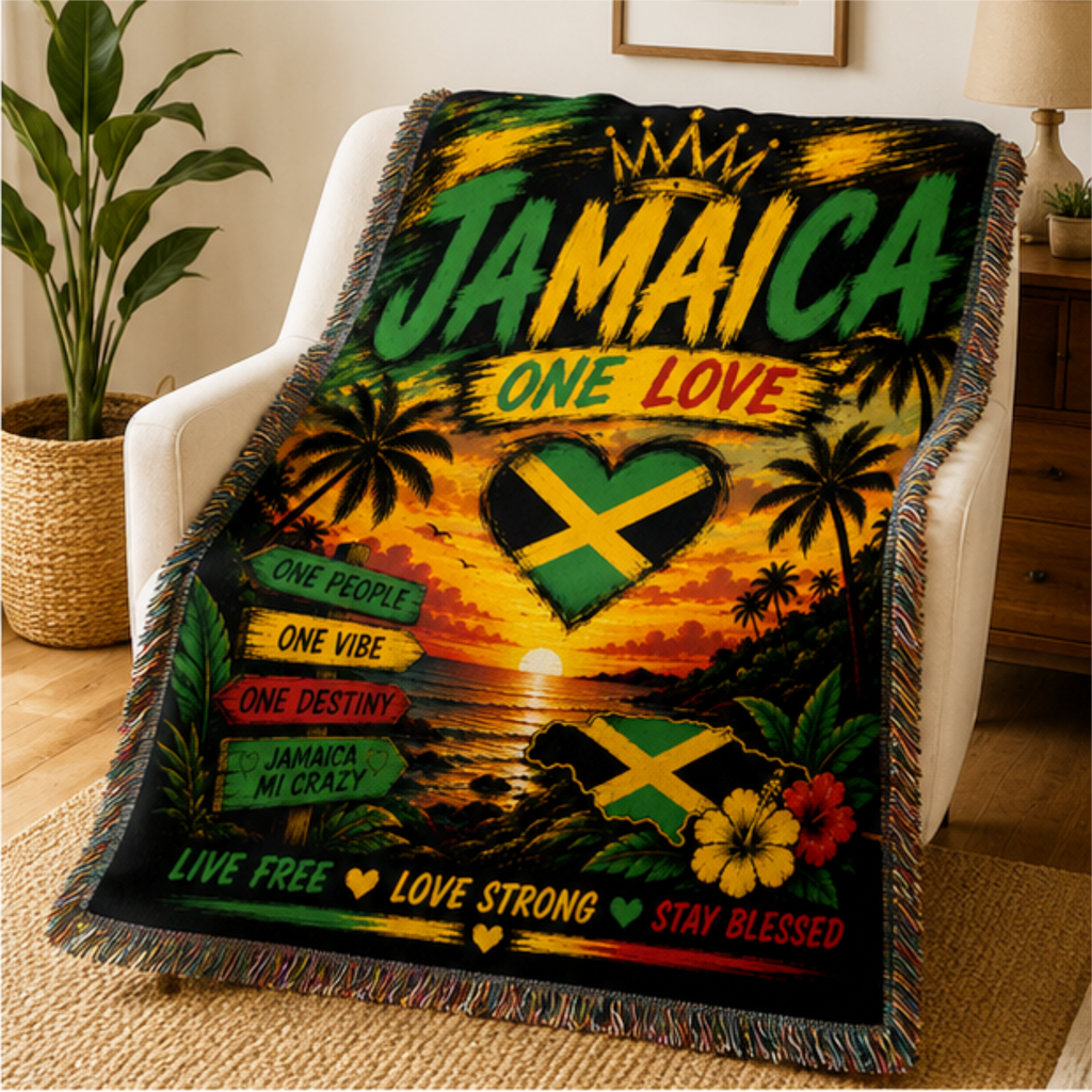 Jamaica One Love woven blanket with tropical sunset, Jamaican heart flag, palm trees, island scenery, and Live Free message.