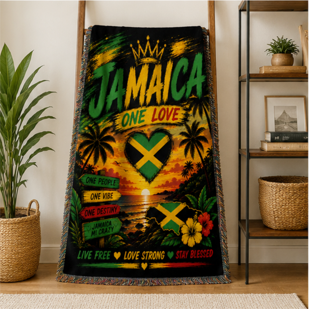 Jamaica One Love Live Free Woven Blanket | Caribbean Throw | Reggae Home Décor
