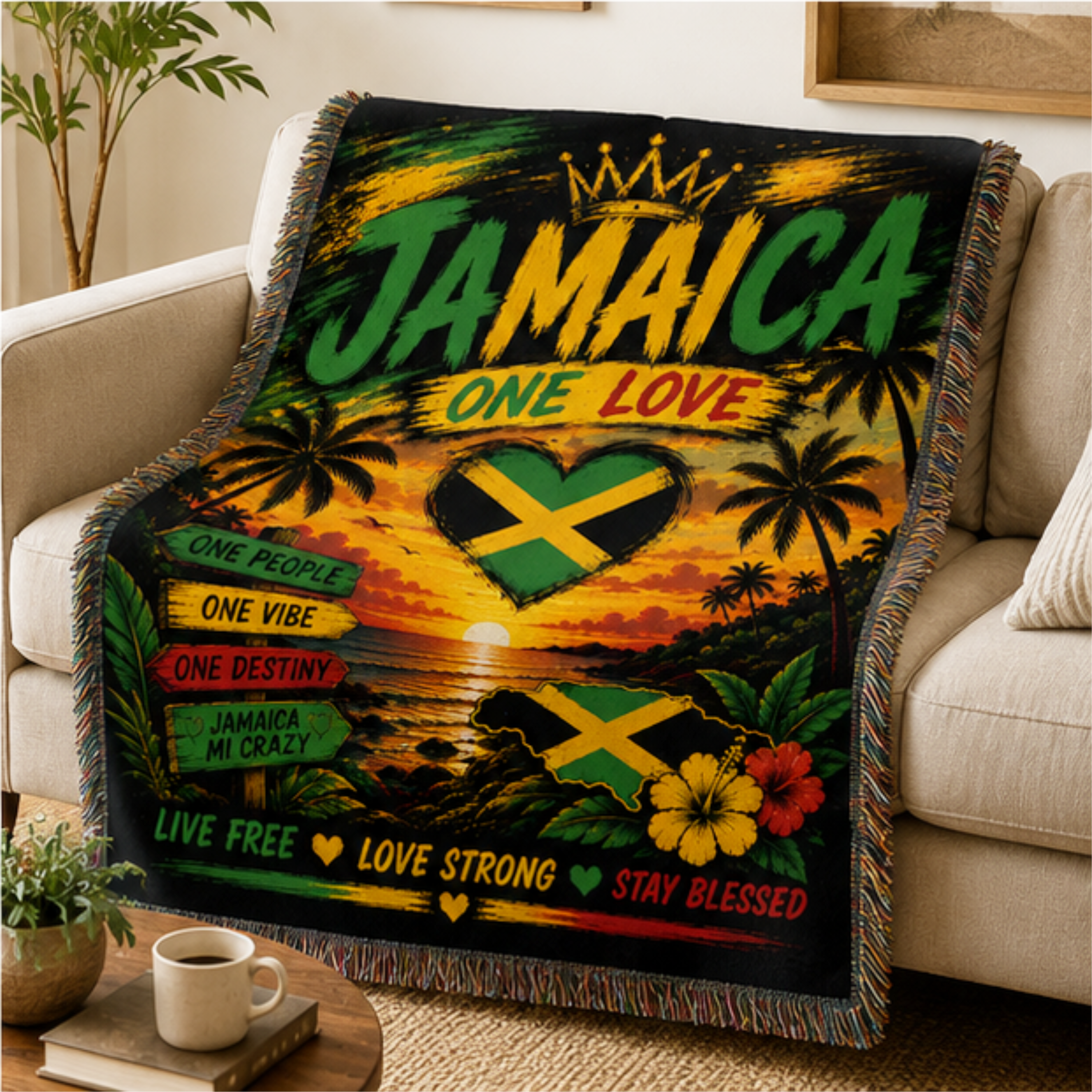 Jamaica One Love Live Free Woven Blanket | Caribbean Throw | Reggae Home Décor