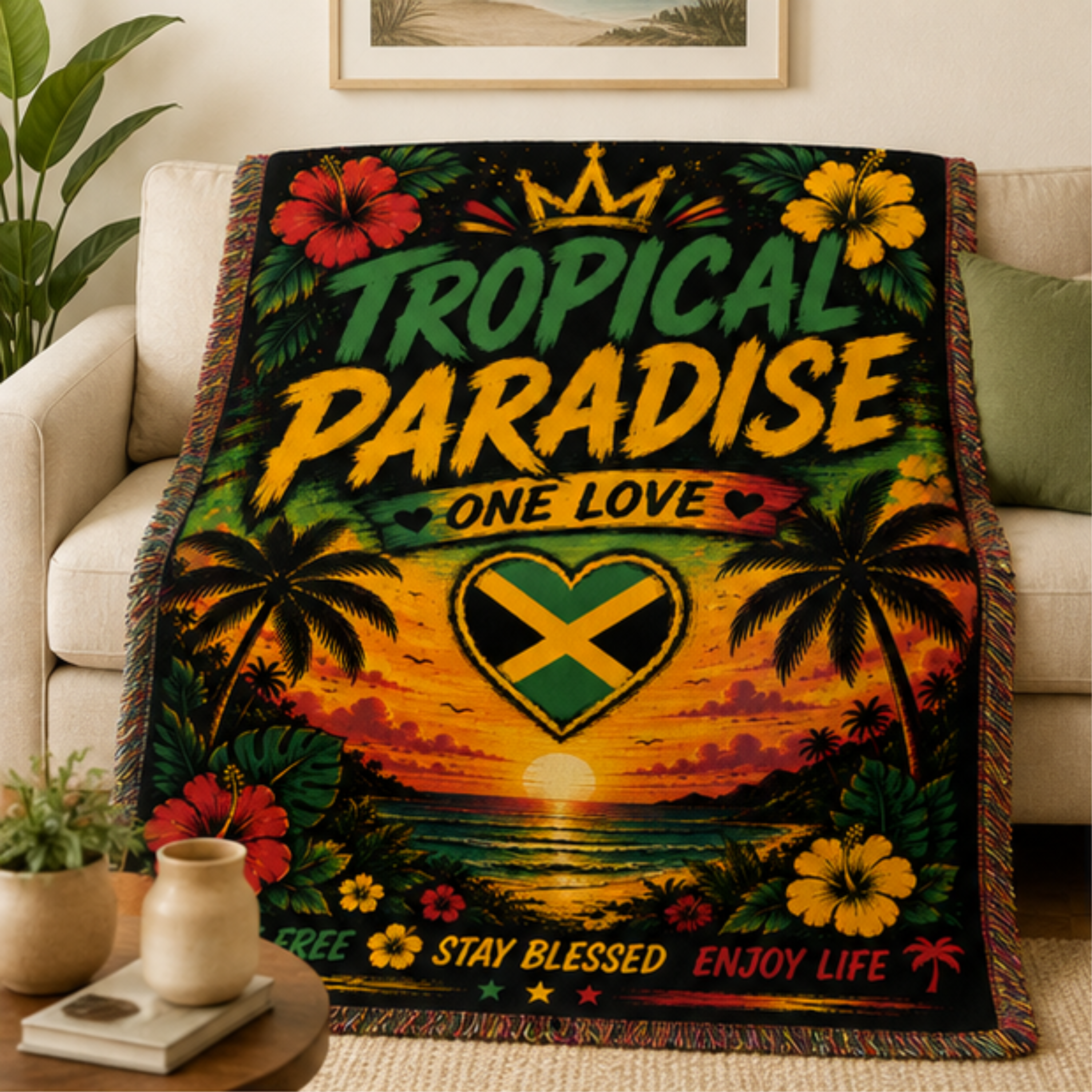 Tropical Paradise One Love Woven Blanket | Caribbean Beach Throw | Island Home Decor