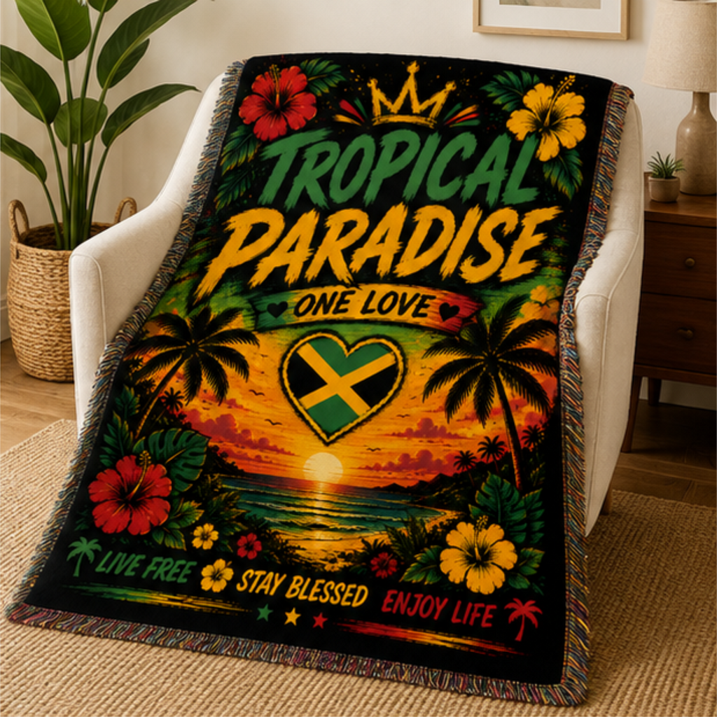 Tropical Paradise One Love Woven Blanket | Caribbean Beach Throw | Island Home Decor