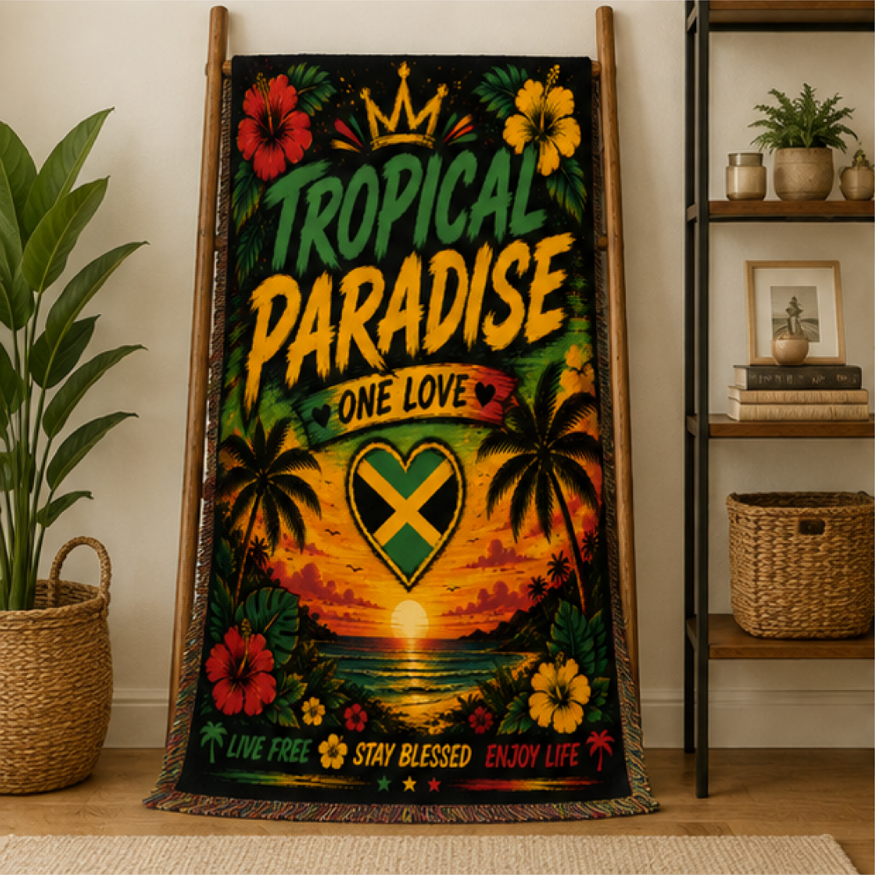 Tropical Paradise One Love Woven Blanket | Caribbean Beach Throw | Island Home Decor
