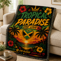 Tropical Paradise One Love woven blanket featuring a Caribbean sunset, palm trees, hibiscus flowers, Jamaican heart flag, and colorful tropical island artwork.