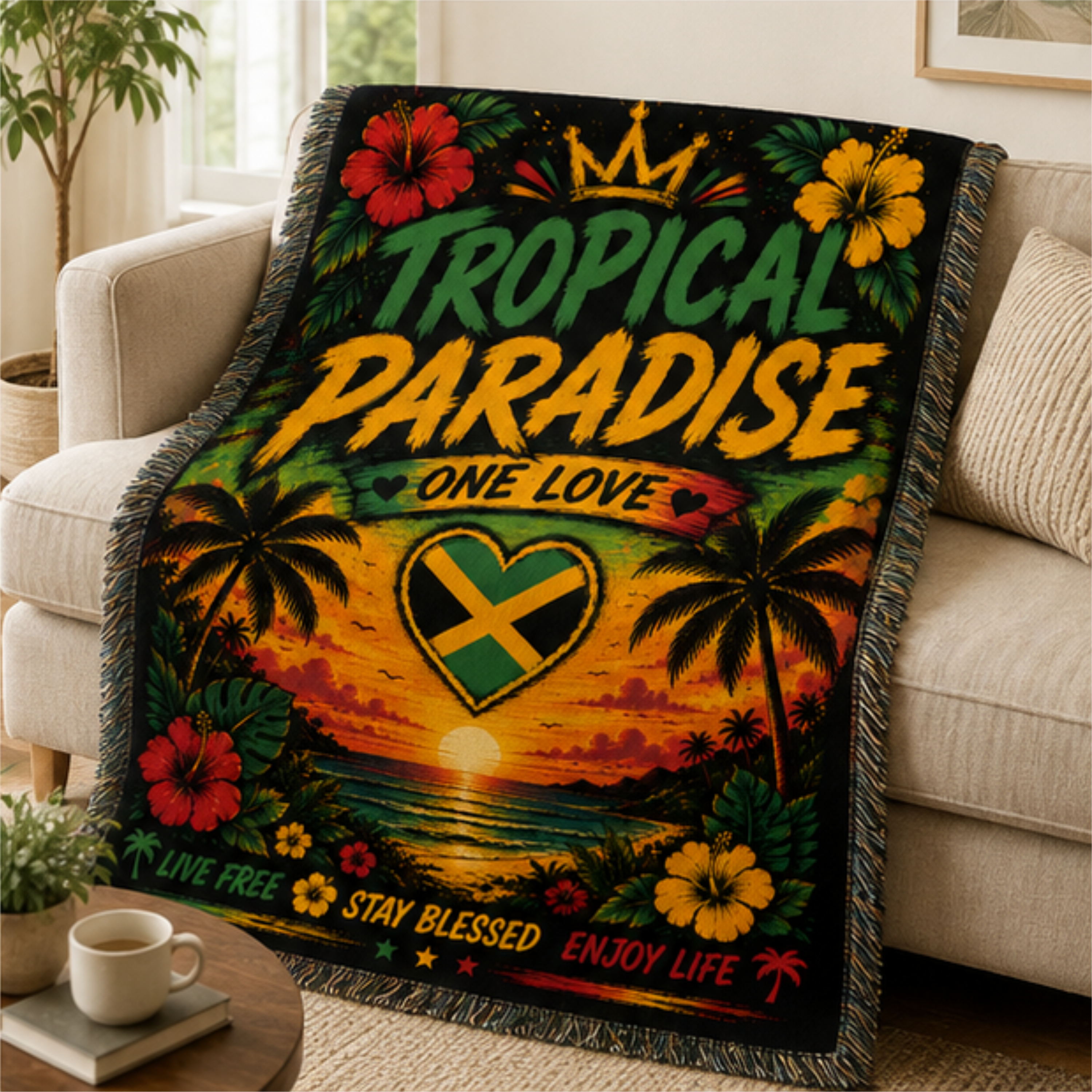 Tropical Paradise One Love woven blanket featuring a Caribbean sunset, palm trees, hibiscus flowers, Jamaican heart flag, and colorful tropical island artwork.