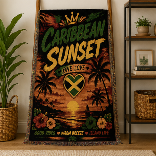 Caribbean Sunset One Love Woven Blanket | Tropical Beach Throw | Island Home Decor